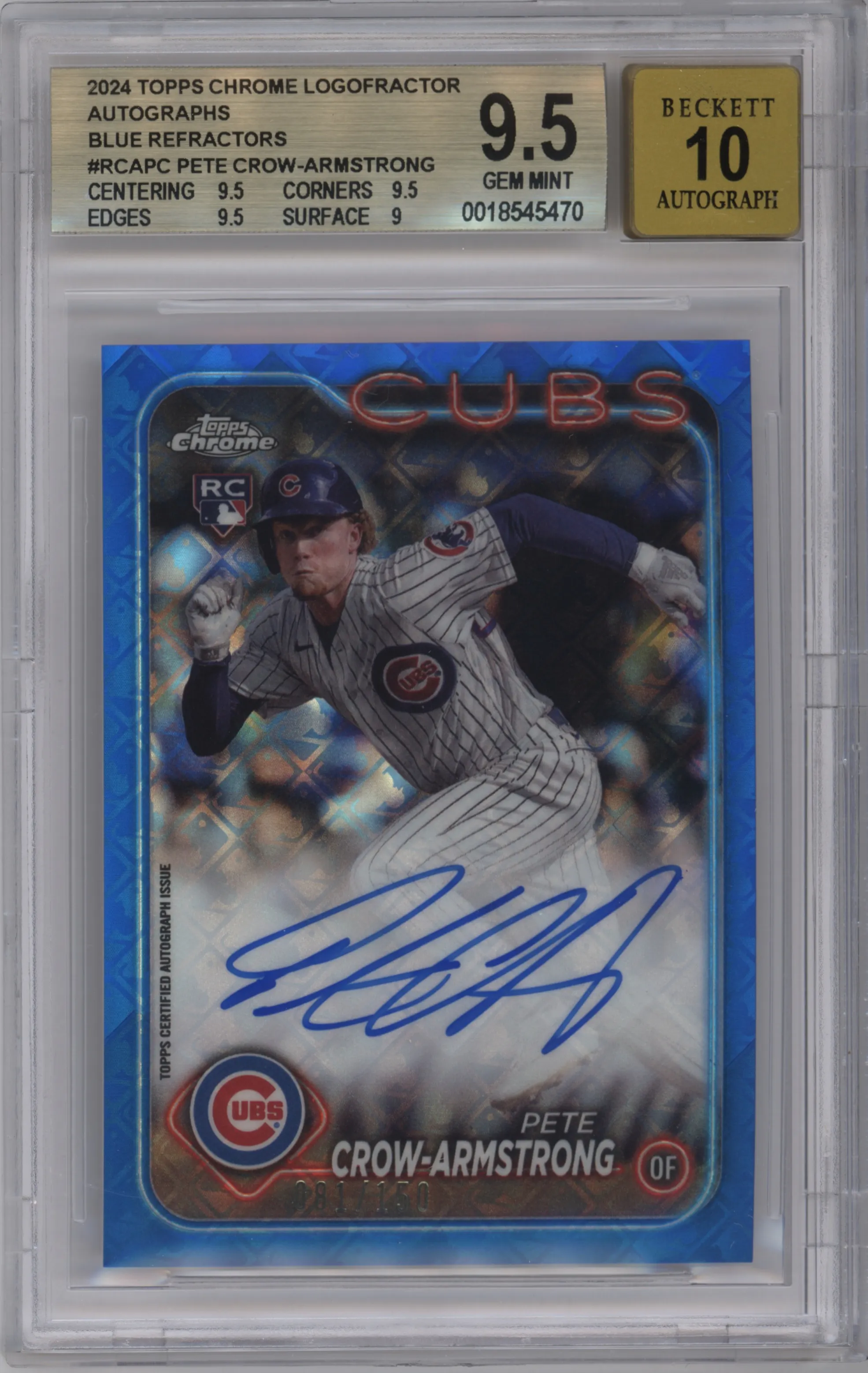 Pete Crow-Armstrong from the 2024 Topps Chrome Logofractor set featuring a Blue Refractor parallel graded by Beckett and given an overall grade of 9.5.
