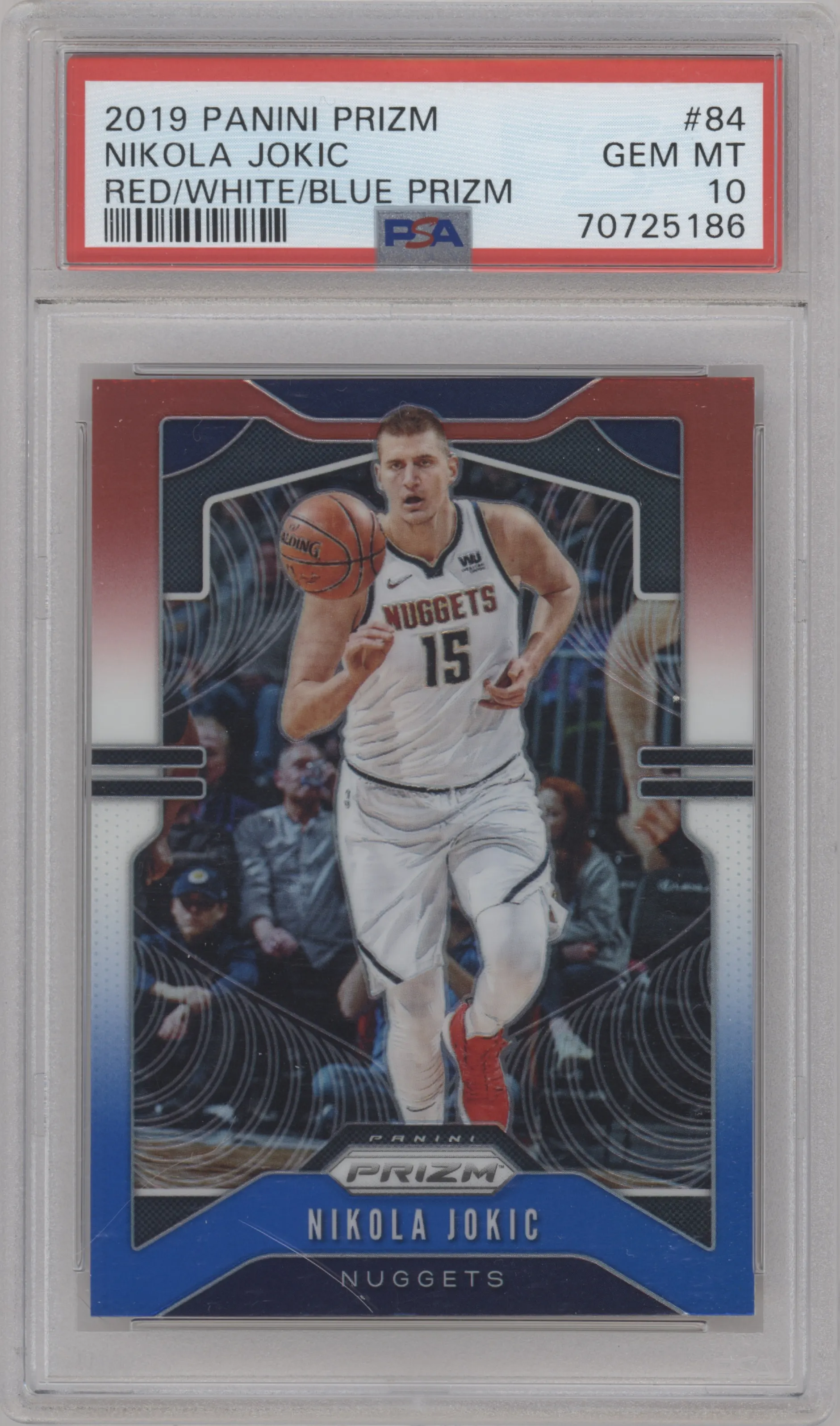 Nikola Jokic from the 2019-20 Panini Prizm set featuring a Red/White/Blue Prizm  parallel graded by PSA and given an overall grade of 10.
