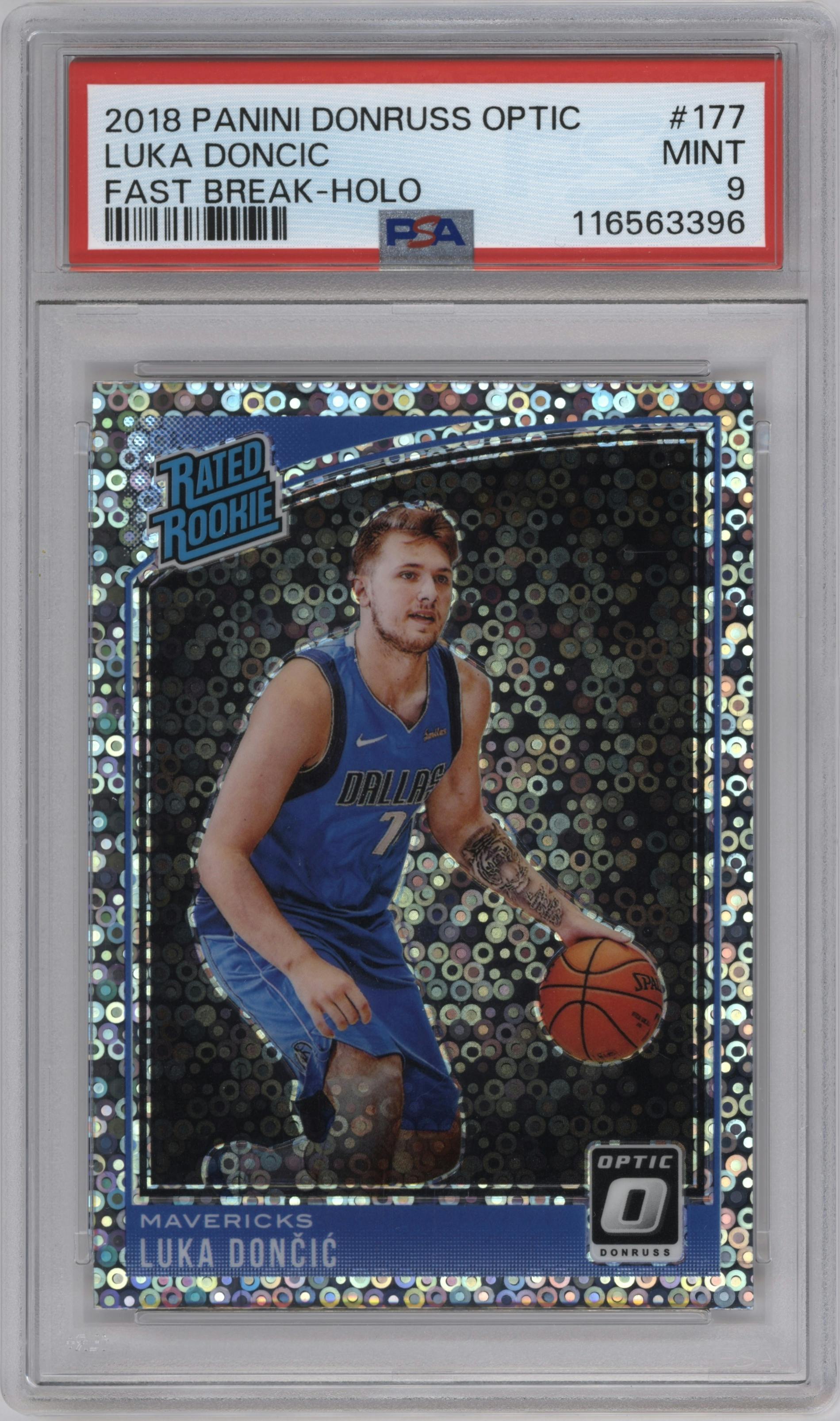 Luka Doncic from the 2018-19 Panini Donruss Optic set featuring a Fast Break Holo parallel graded by PSA and given an overall grade of 9.