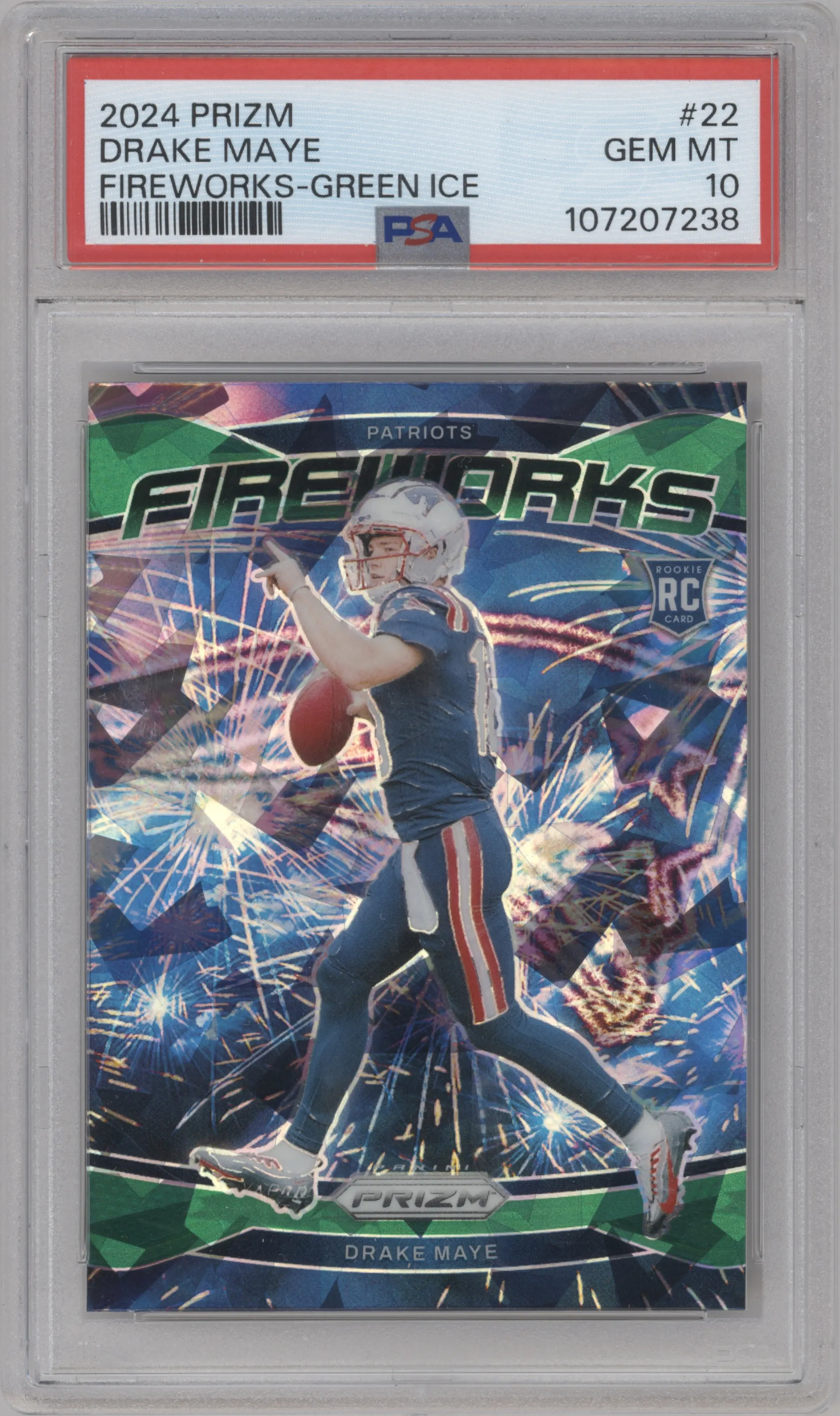 Drake Maye from the 2024 Panini Prizm set featuring a Green Ice parallel graded by PSA and given an overall grade of 10.