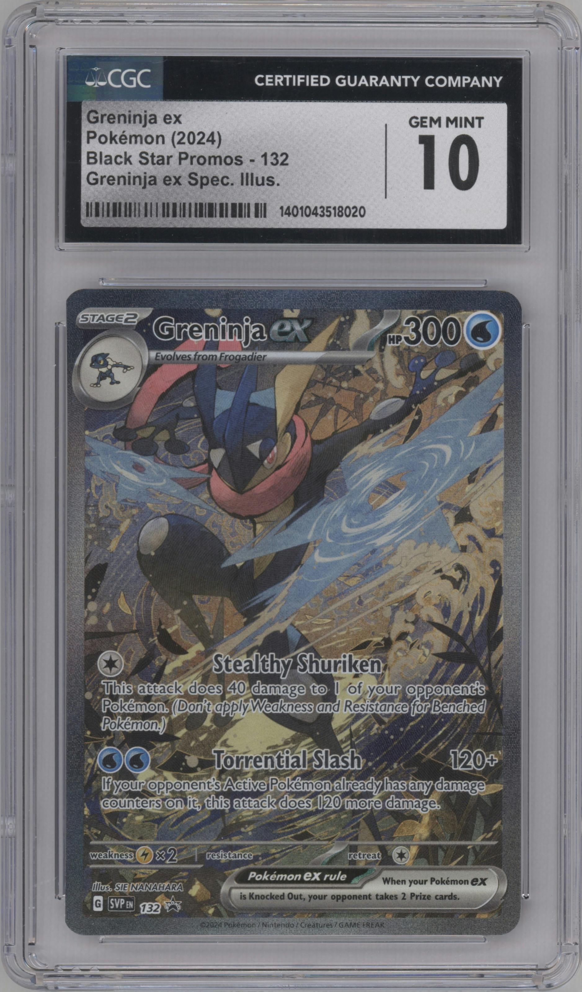 Greninja ex from the 2024 Pokemon SV set featuring a Shrouded Fable Greninja ex Special Illustration Collection parallel graded by CSG and given an overall grade of 10.