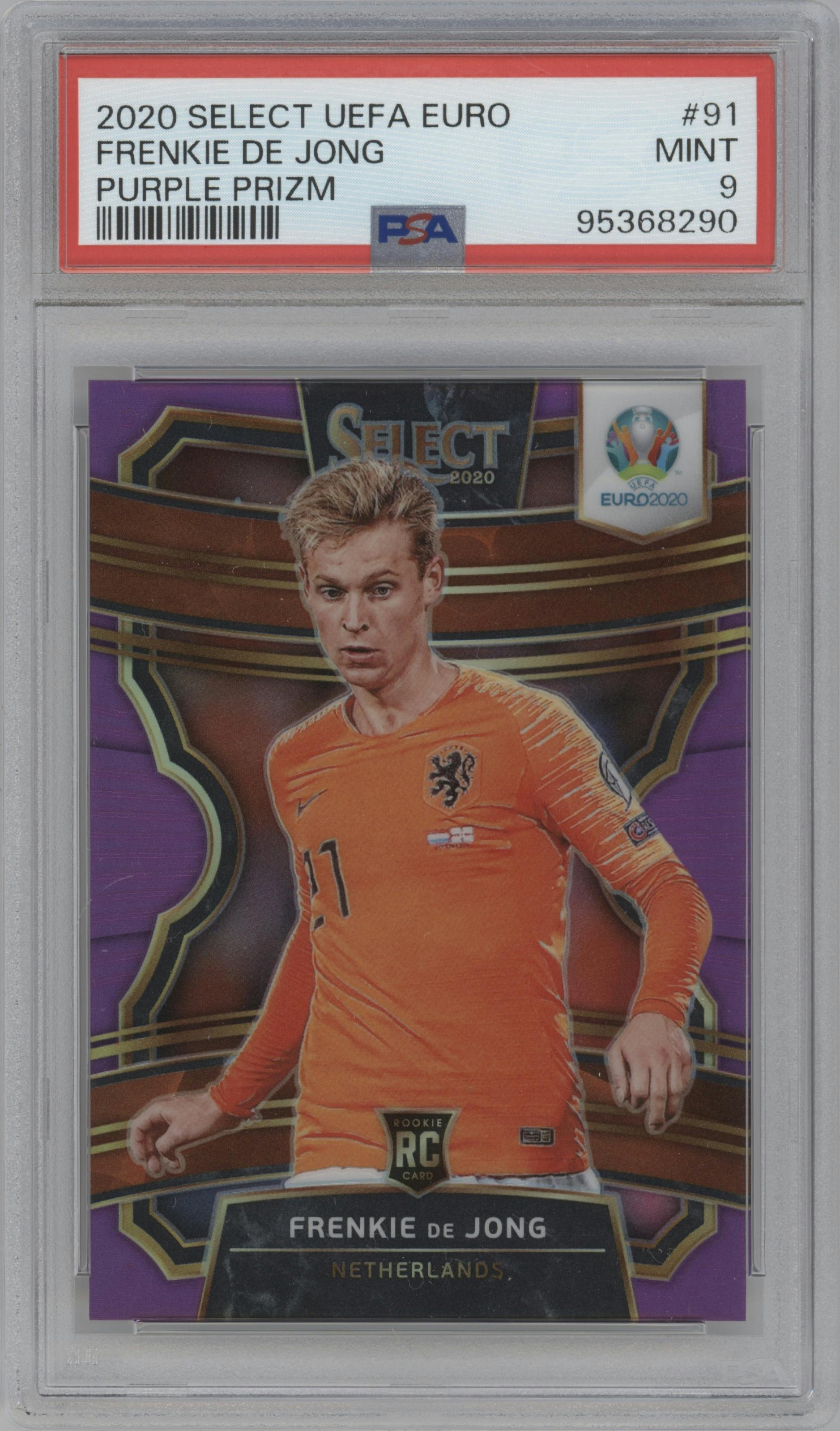 Frenkie de Jong from the 2020 Panini Select UEFA Euro set featuring a Purple Prizm  parallel graded by PSA and given an overall grade of 9.