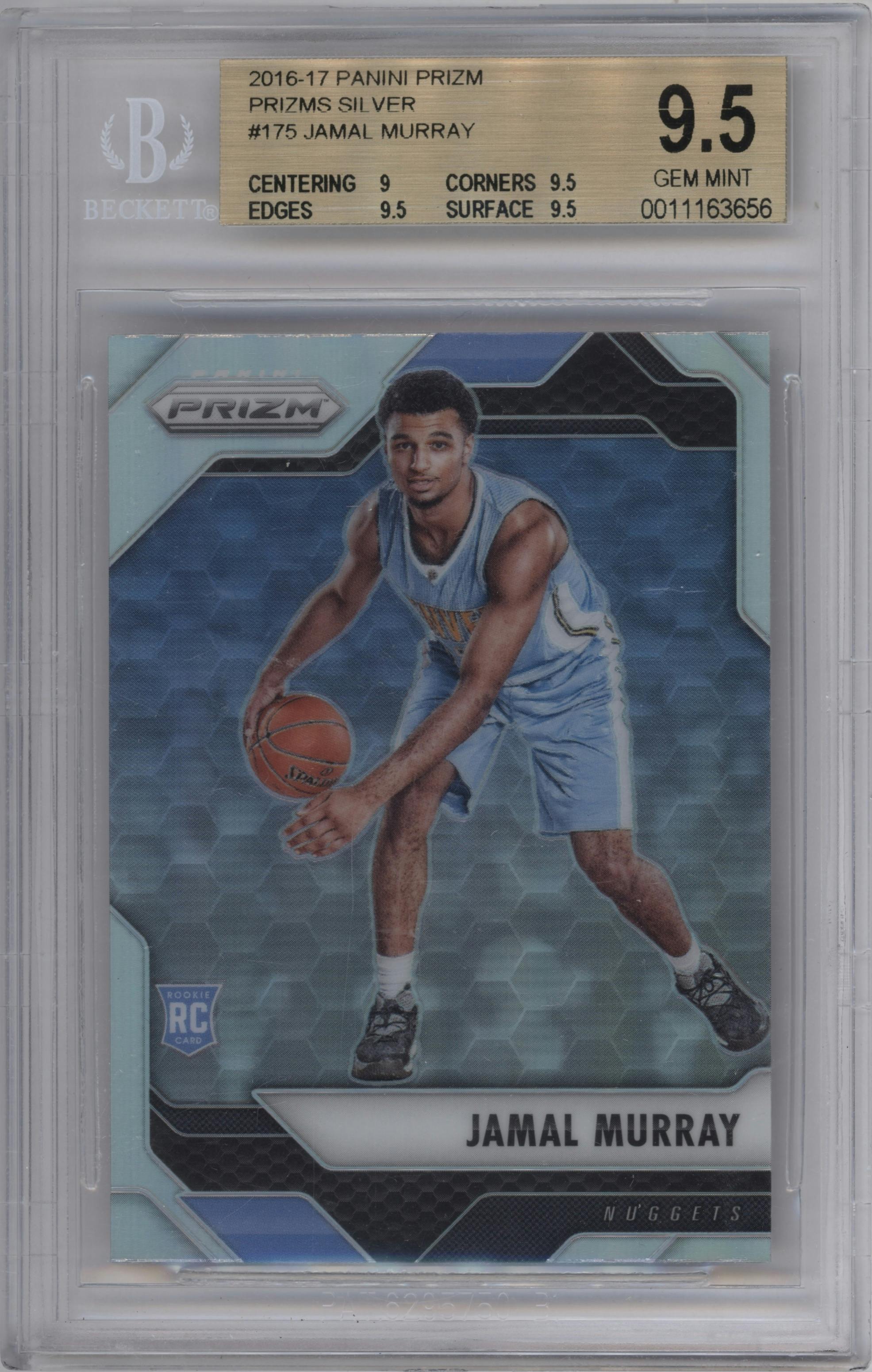 Jamal Murray from the 2016-17 Panini Prizm  set featuring a Silver Prizm parallel graded by Beckett and given an overall grade of 9.5.