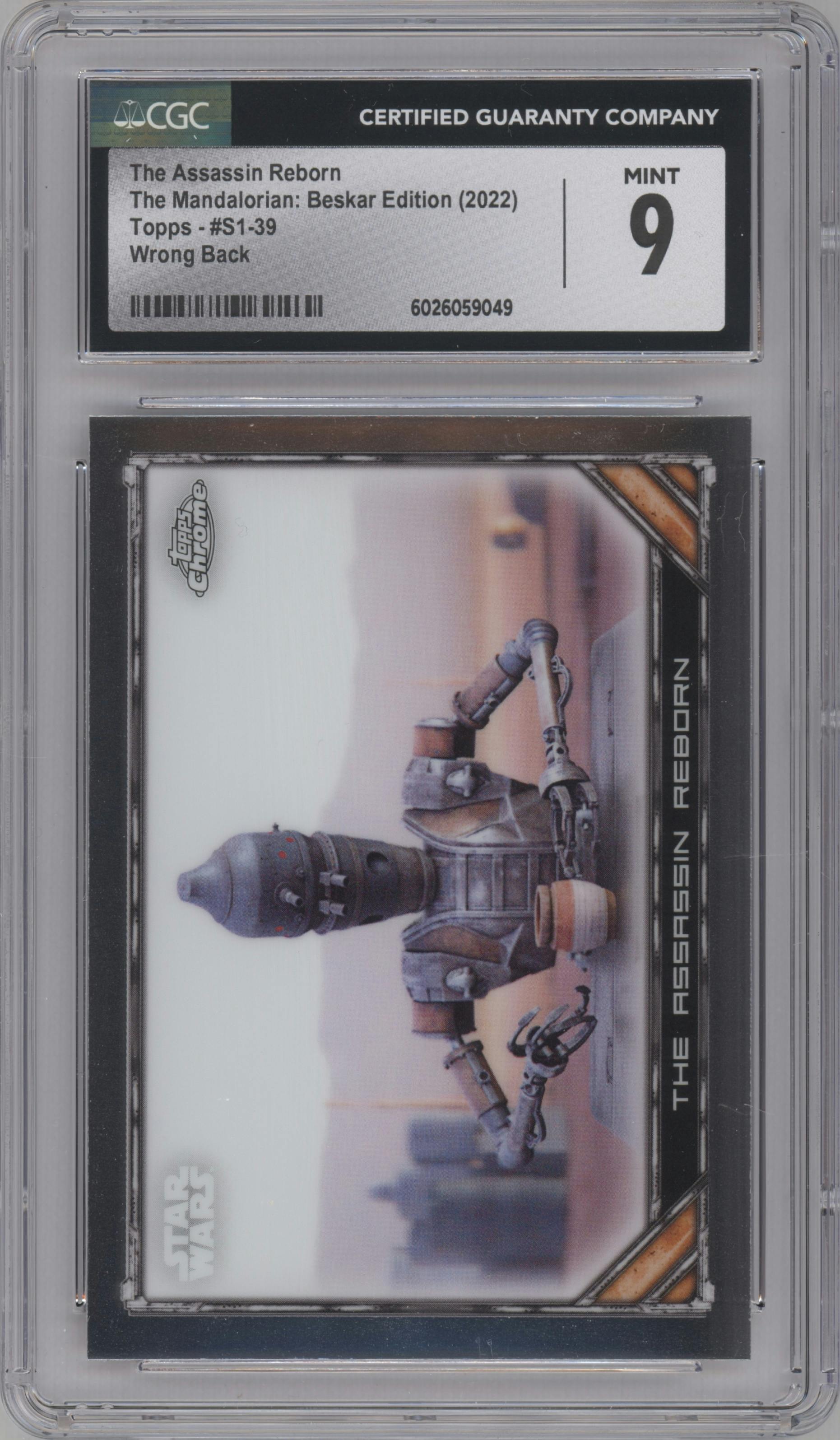 The Assassin Reborn from the 2022 Topps Chrome Star Wars The Mandalorian Beskar Edition set featuring a Wrong Back parallel graded by CSG and given an overall grade of 9.