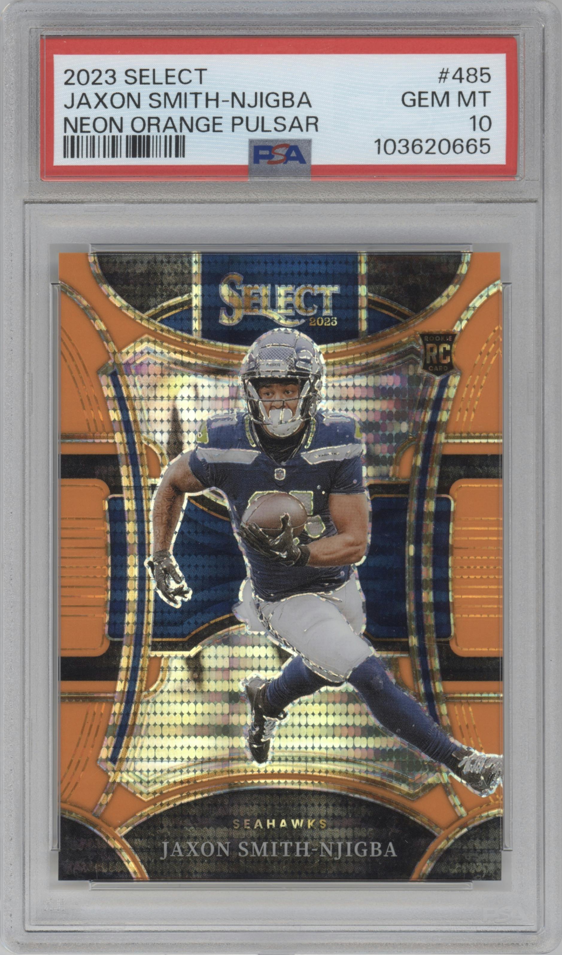 Jaxon Smith-Njigba from the 2023 Panini Select set featuring a Neon Orange Pulsar parallel graded by PSA and given an overall grade of 10.