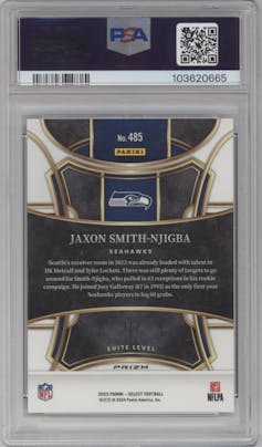 Jaxon Smith-Njigba from the 2023 Panini Select set featuring a Neon Orange Pulsar parallel graded by PSA and given an overall grade of 10.