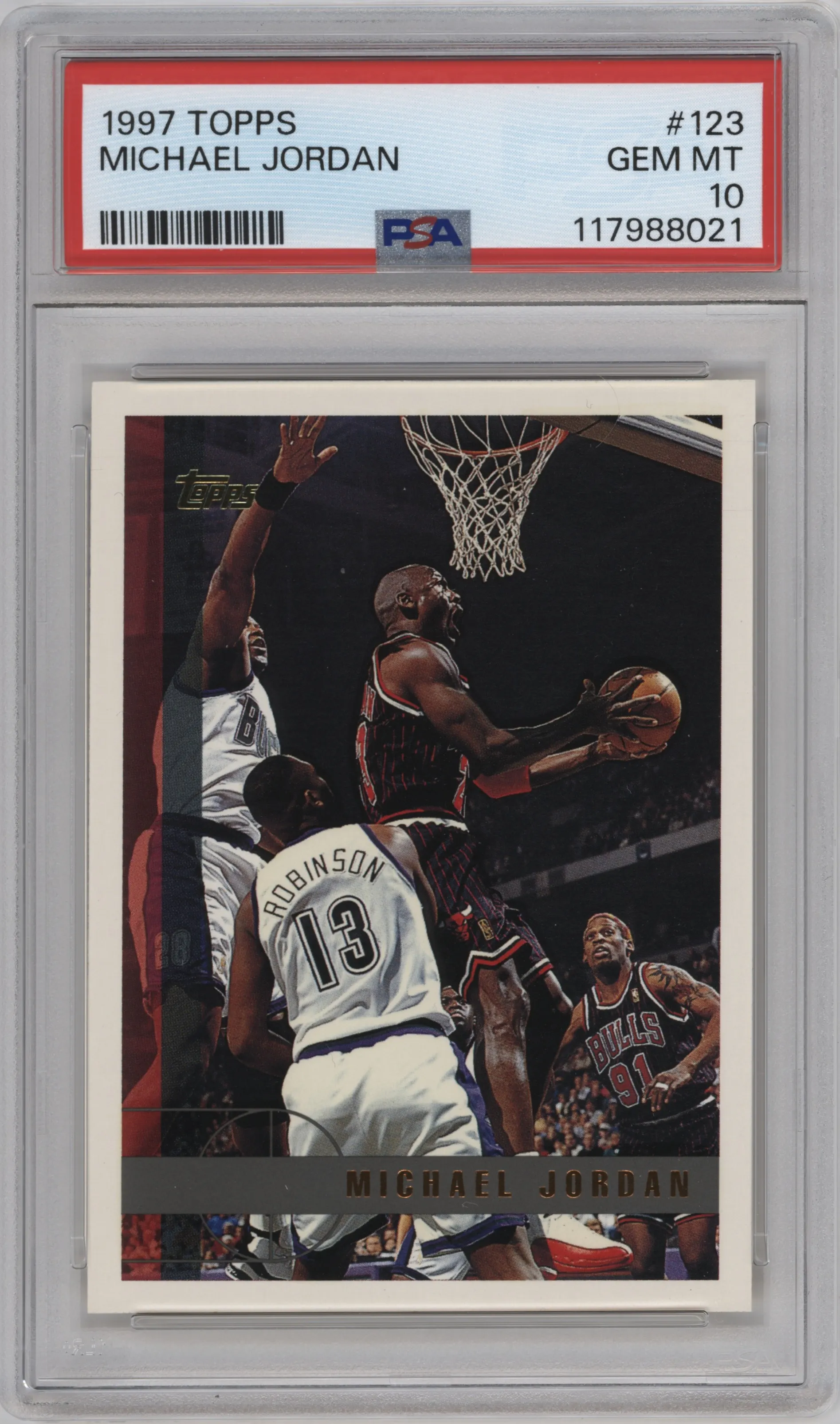 Michael Jordan from the 1997-98 Topps  set graded by PSA and given an overall grade of 10.