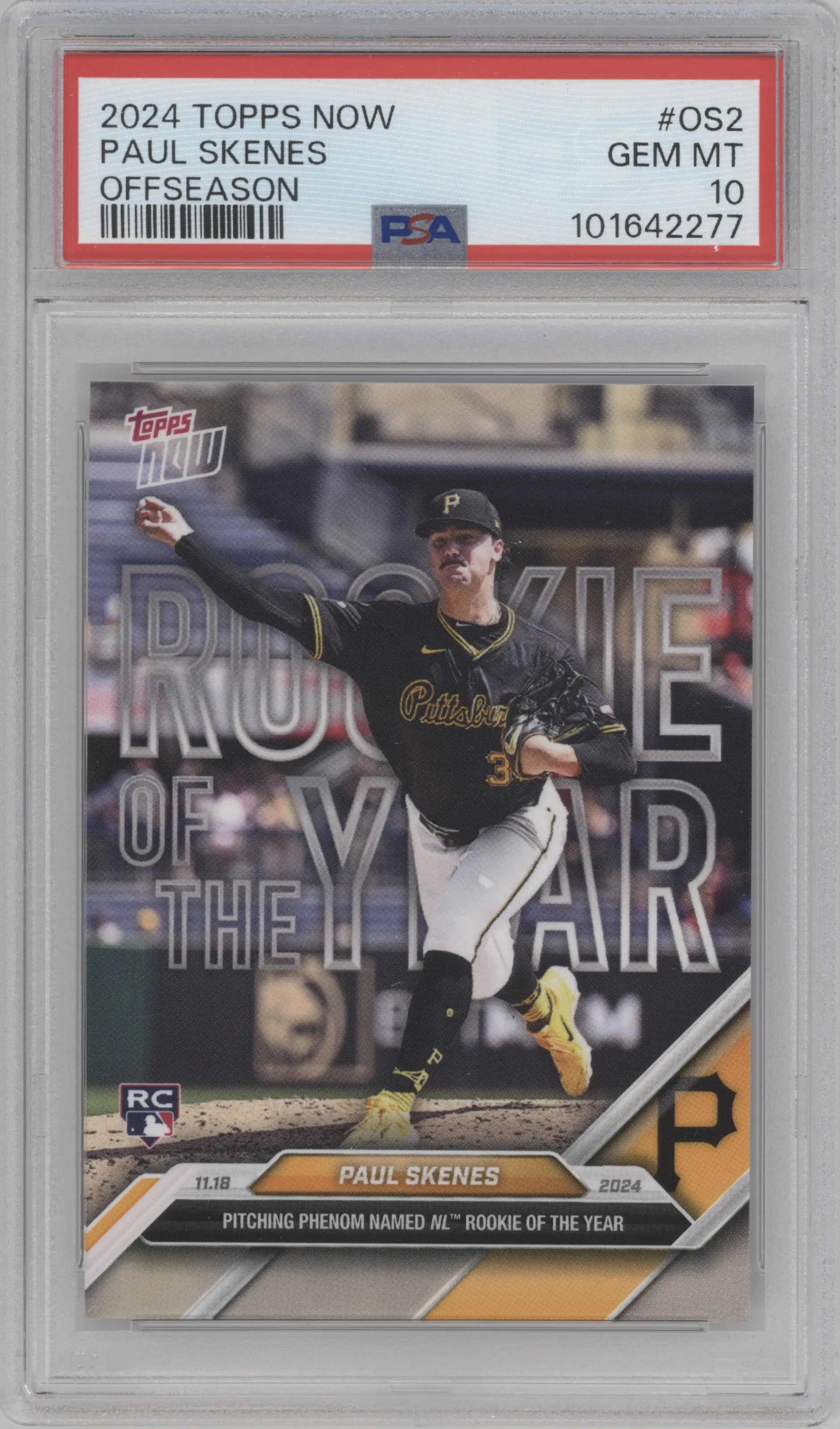 Paul Skenes from the 2024-25 Topps Now Off-Season set graded by PSA and given an overall grade of 10.