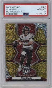 Tom Brady from the 2022 Panini Mosaic set featuring a No Huddle Gold parallel graded by PSA and given an overall grade of 10.