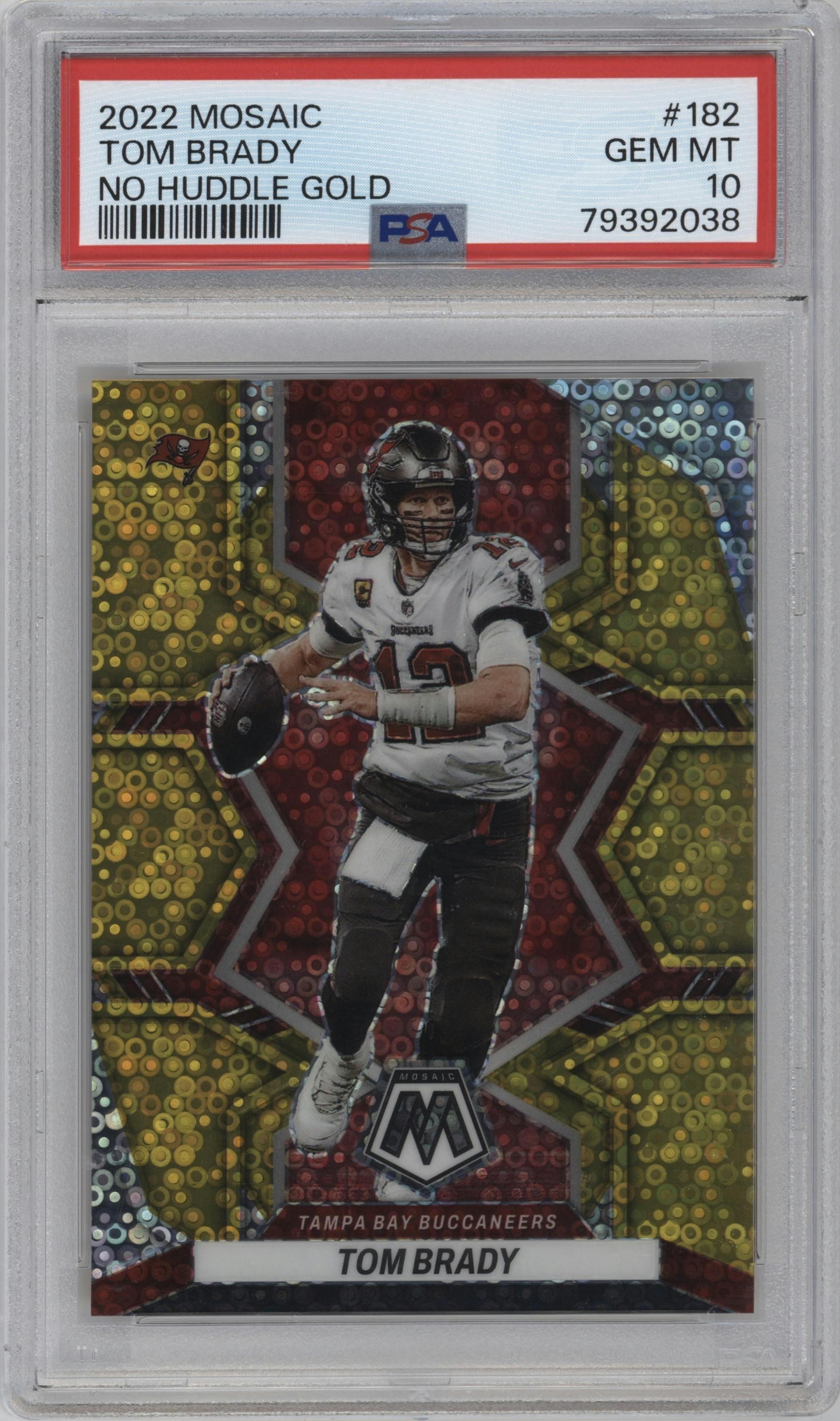 Tom Brady from the 2022 Panini Mosaic set featuring a No Huddle Gold parallel graded by PSA and given an overall grade of 10.