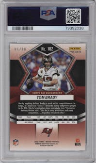 Tom Brady from the 2022 Panini Mosaic set featuring a No Huddle Gold parallel graded by PSA and given an overall grade of 10.