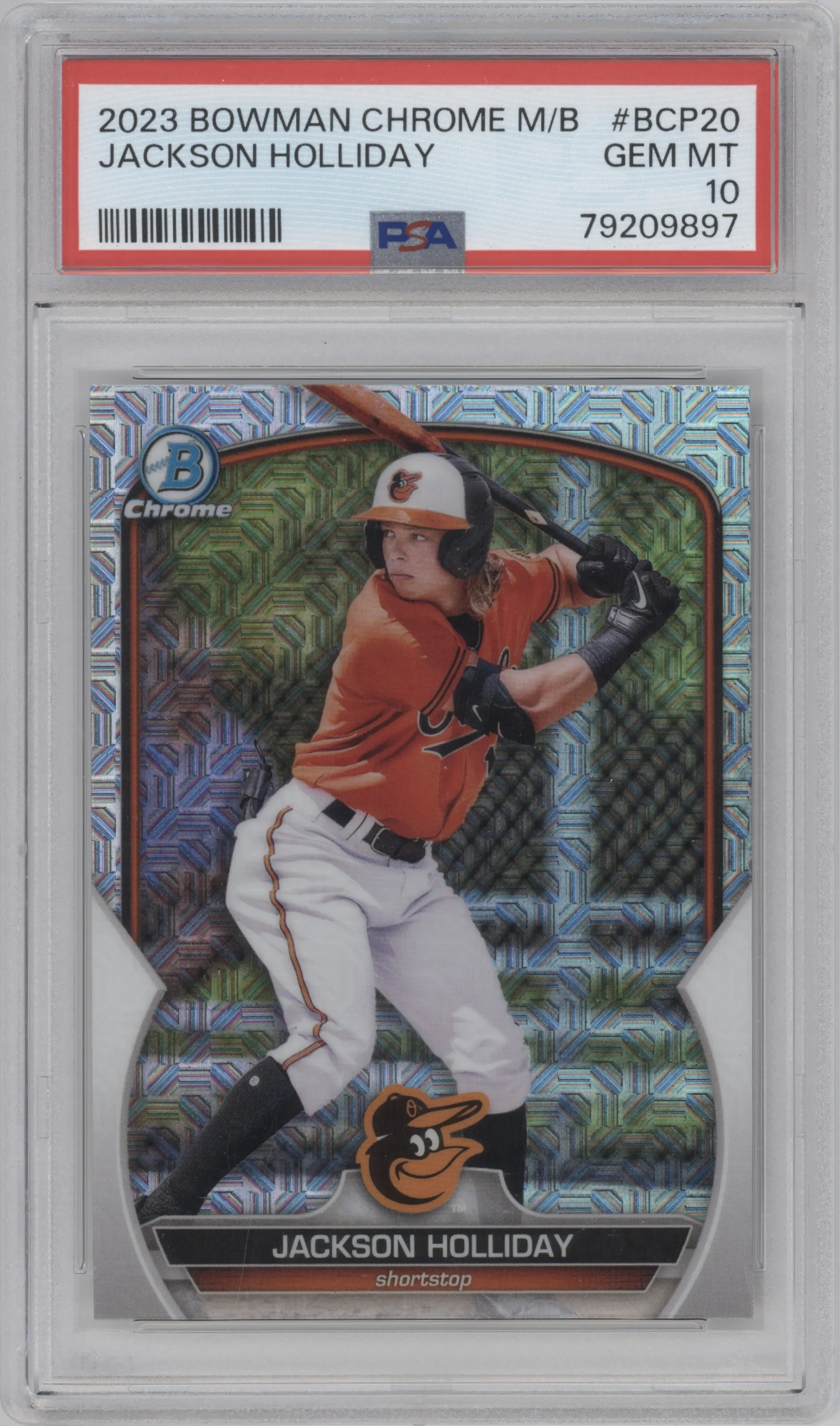 Jackson Holliday from the 2023 Bowman Mega Box set graded by PSA and given an overall grade of 10.