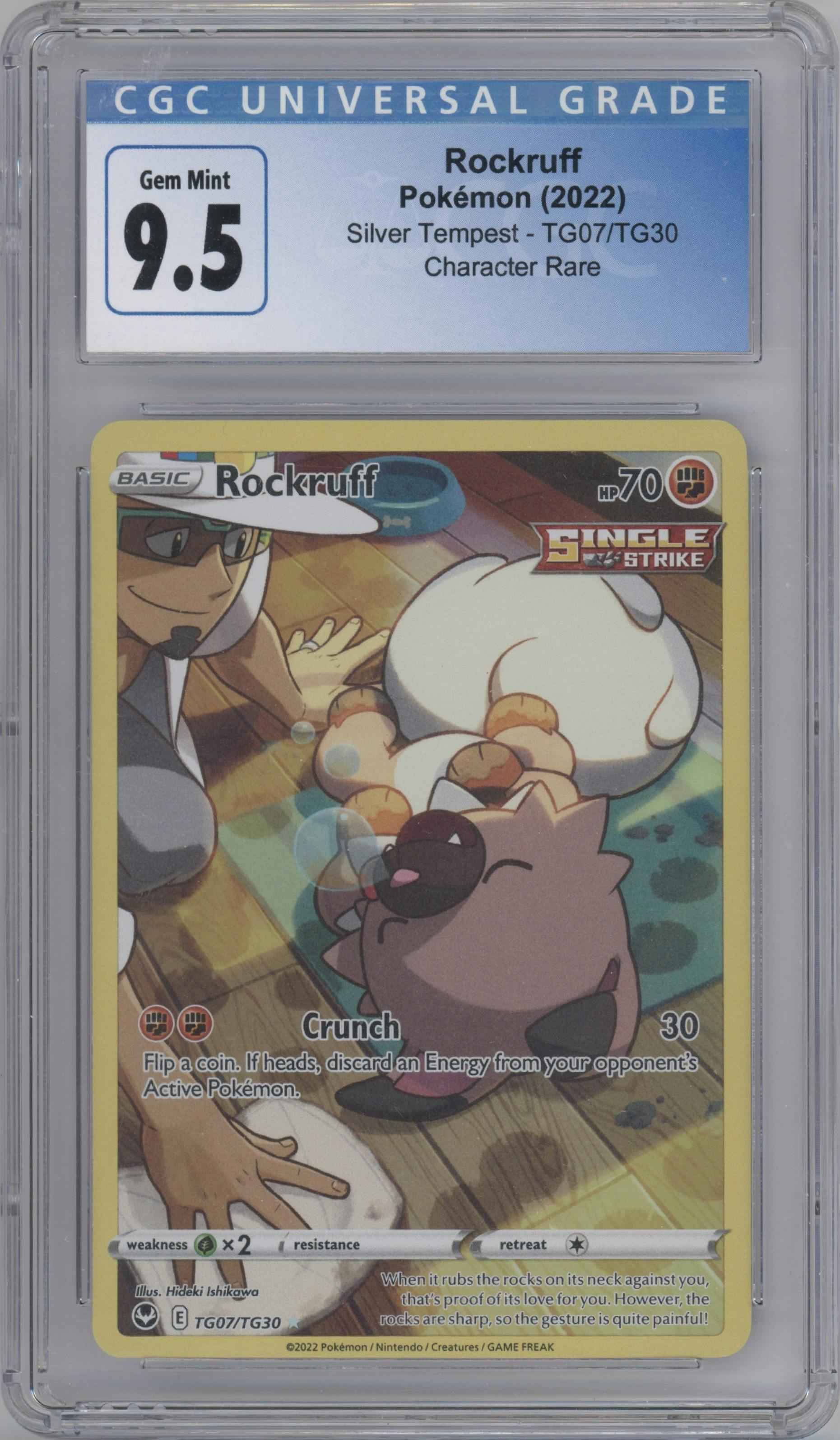 Rockruff from the 2022 Pokemon SWSH set graded by CSG and given an overall grade of 9.5.