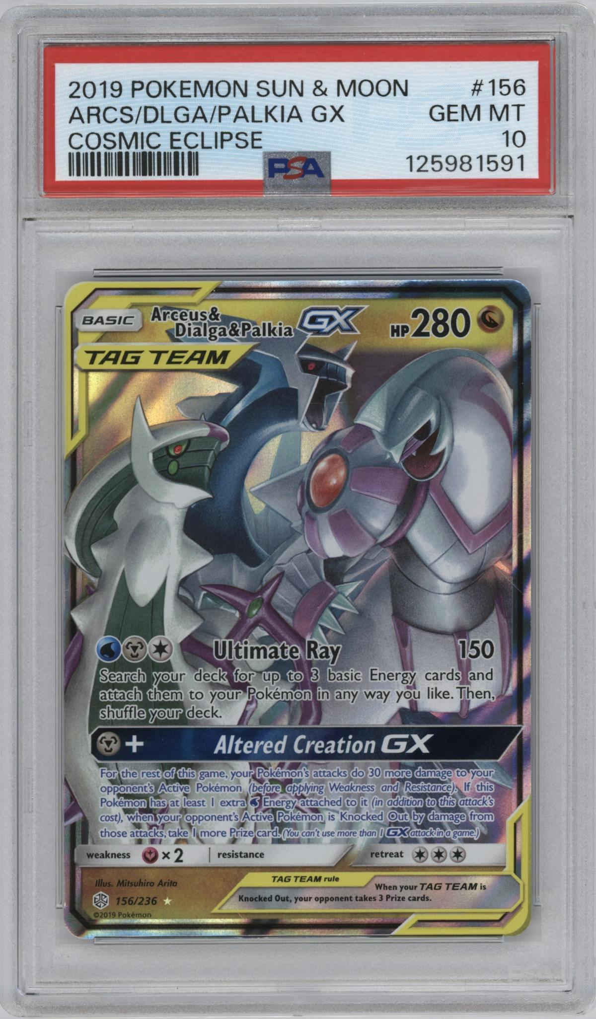 Arceus/Dialga/Palkia GX from the 2019 Pokemon S&M  set graded by PSA and given an overall grade of 10.