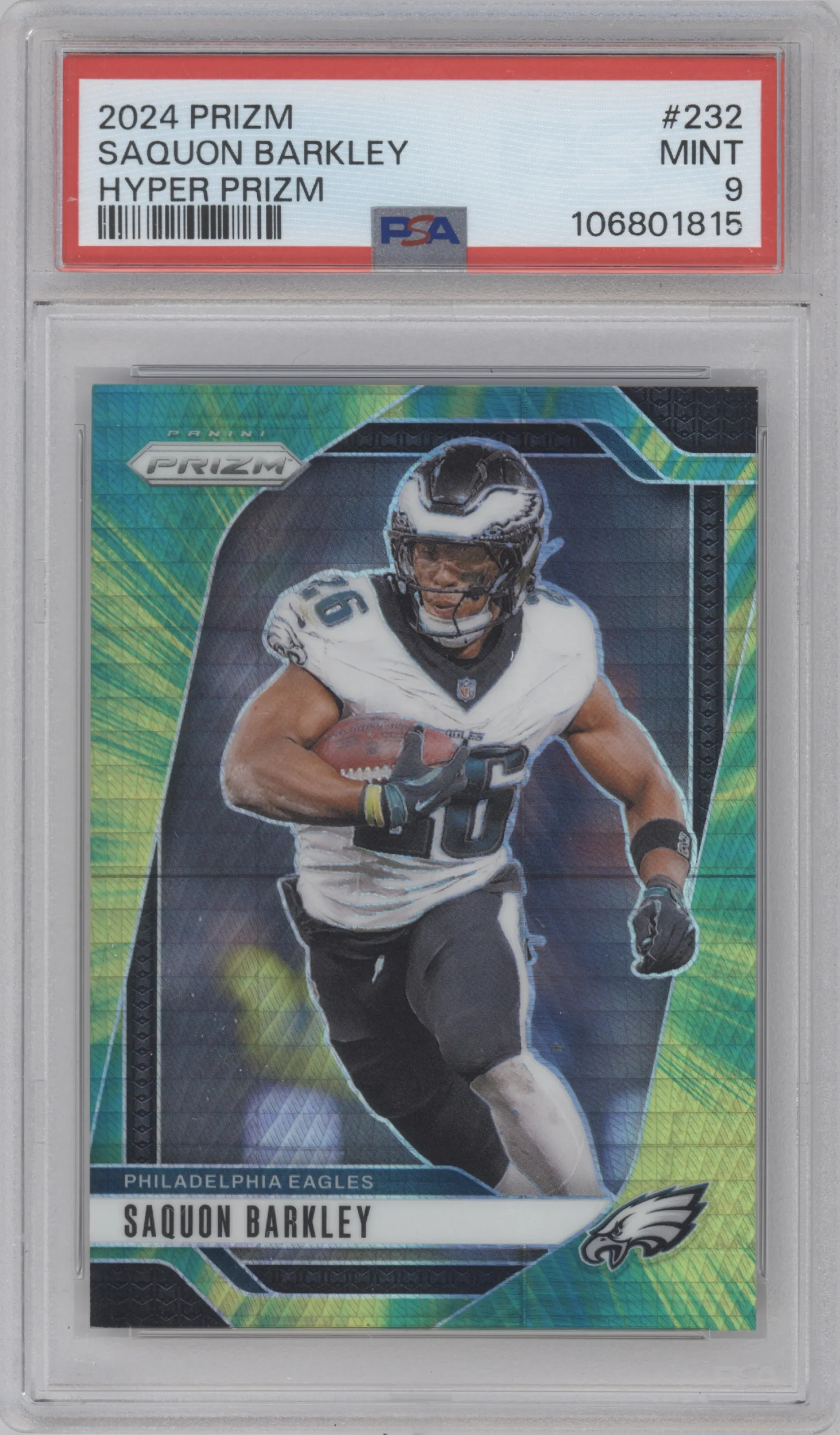 Saquon Barkley from the 2024 Panini Prizm set featuring a Hyper parallel graded by PSA and given an overall grade of 9.