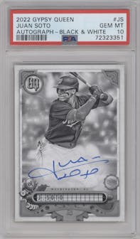 Juan Soto from the 2022 Topps Gypsy Queen set featuring a Black & White parallel graded by PSA and given an overall grade of 10.