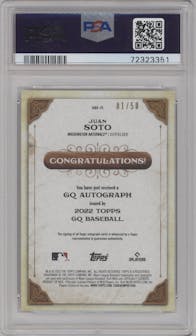 Juan Soto from the 2022 Topps Gypsy Queen set featuring a Black & White parallel graded by PSA and given an overall grade of 10.