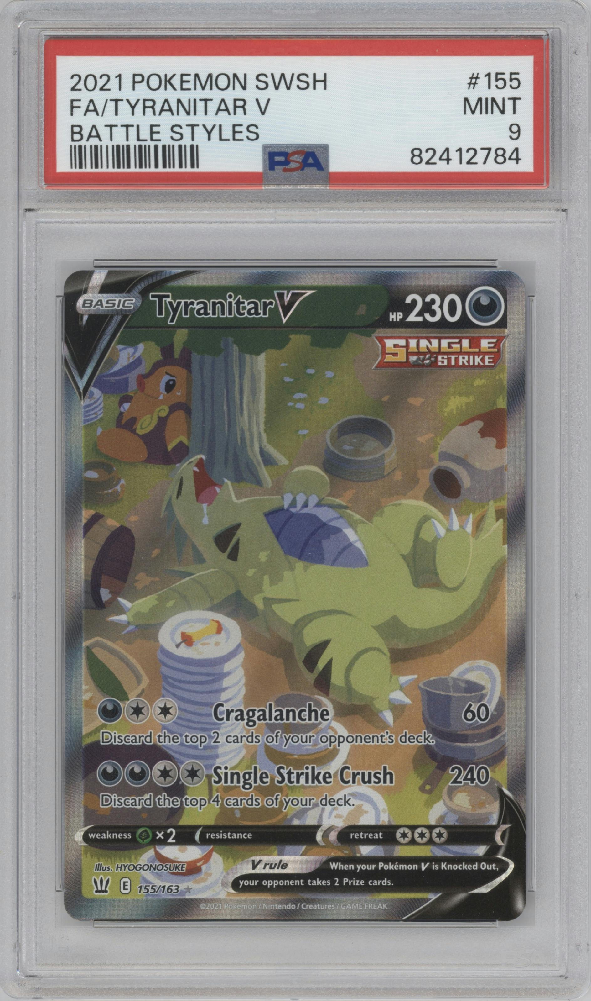 Tyranitar V from the 2021 Pokemon SWSH set graded by PSA and given an overall grade of 9.