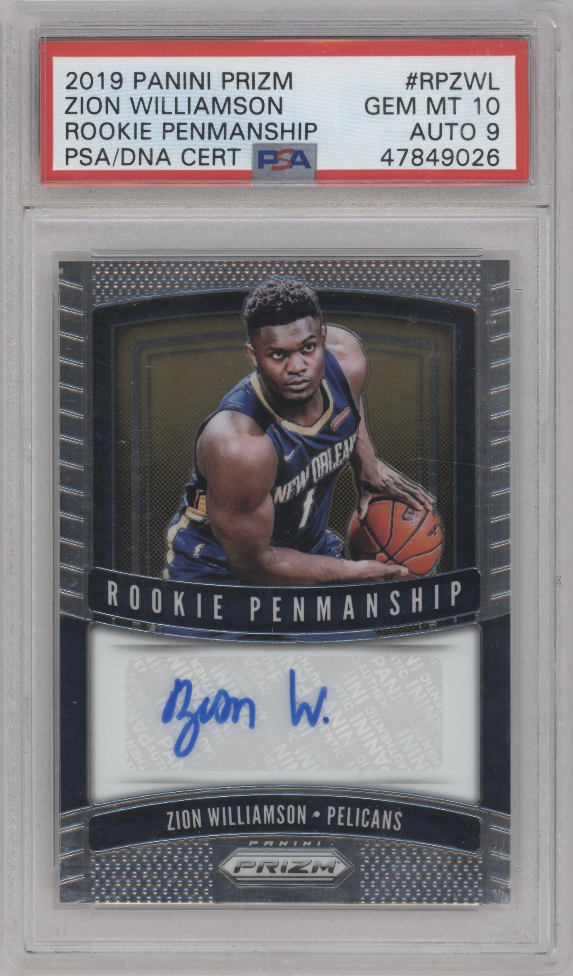 Zion Williamson from the 2019-20 Panini Prizm set graded by PSA and given an overall grade of 10.