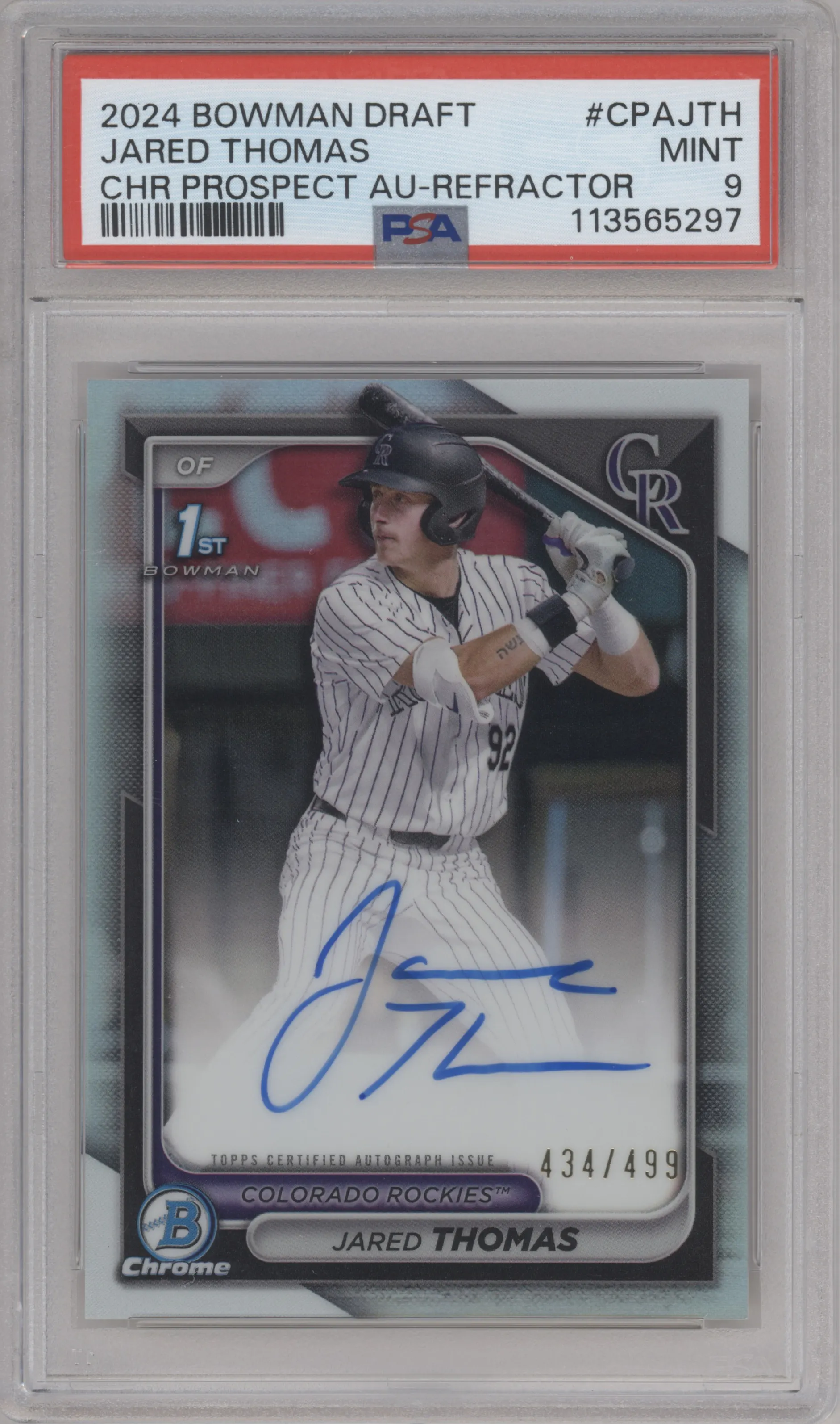 Jared Thomas from the 2024 Bowman Draft set featuring a Refractor parallel graded by PSA and given an overall grade of 9.