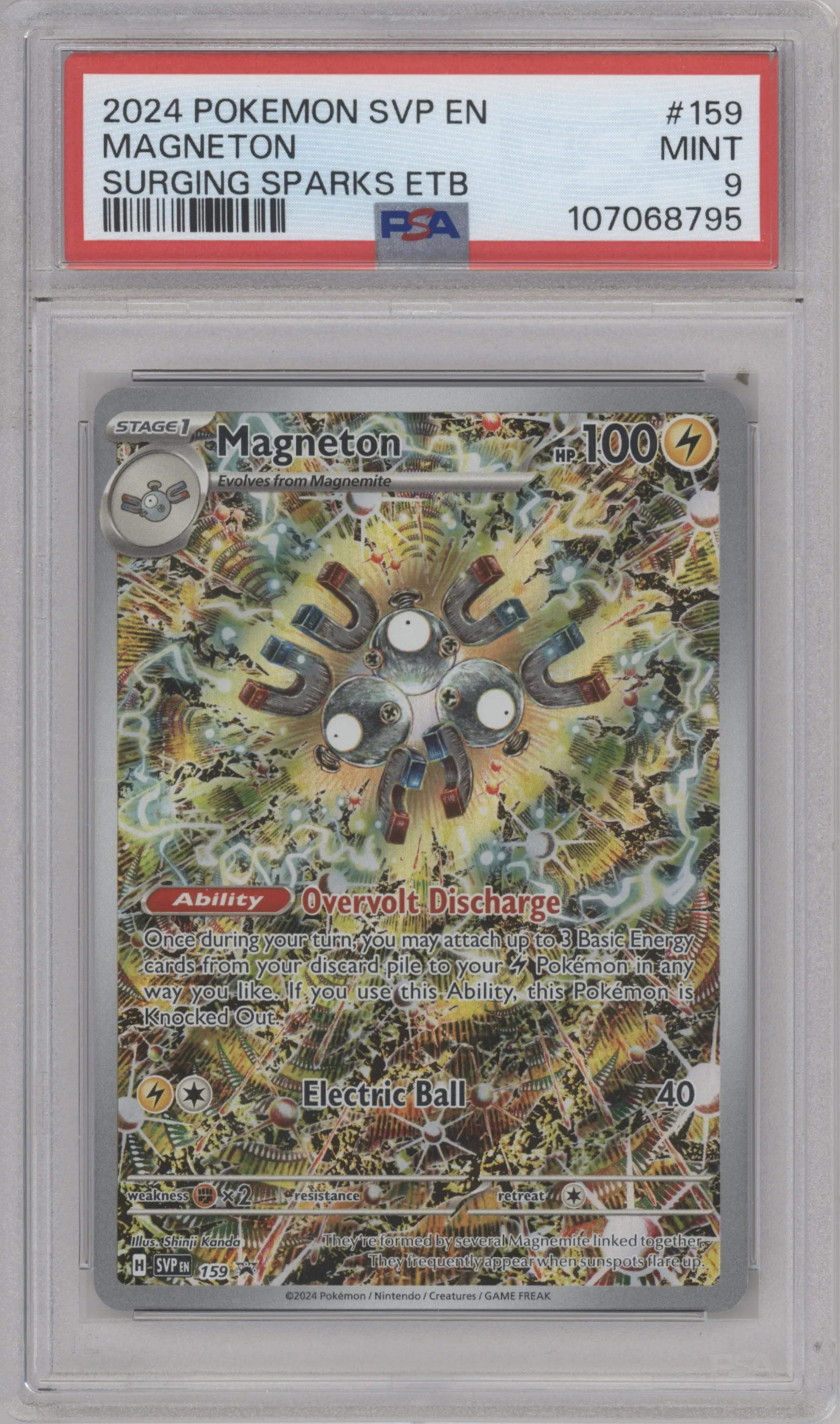 Magneton from the 2024 Pokemon SV set featuring a Surging Sparks Elite Trainer Box parallel graded by PSA and given an overall grade of 9.