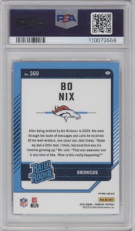 Bo Nix from the 2024 Donruss set featuring a Red and Green parallel graded by PSA and given an overall grade of 9.