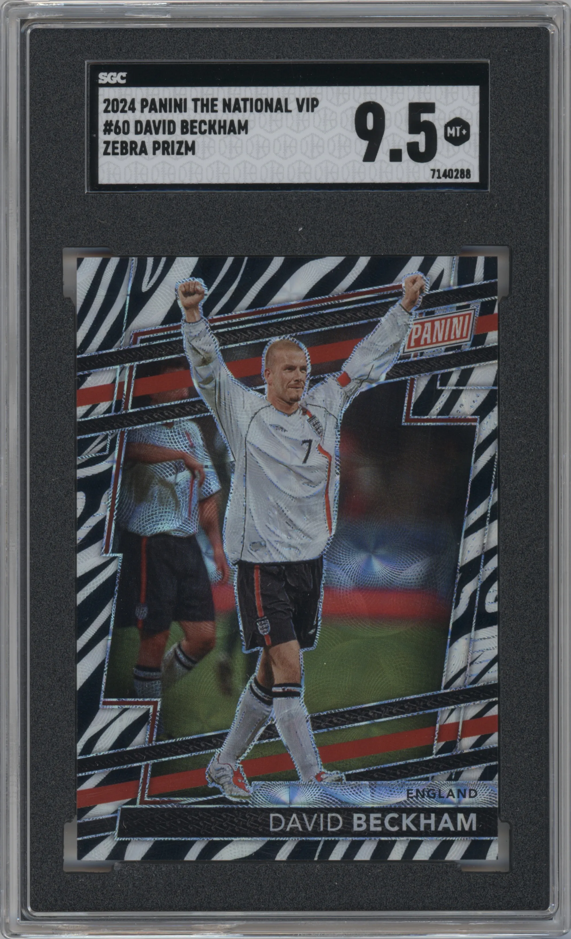 David Beckham from the 2024 Panini The National VIP set featuring a Zebra parallel graded by SGC and given an overall grade of 9.5.