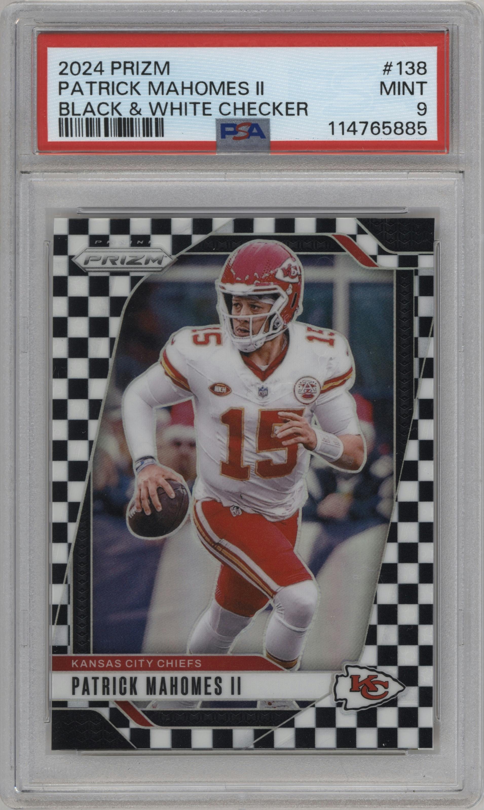Patrick Mahomes II from the 2024 Panini Prizm set featuring a Black & White Checker parallel graded by PSA and given an overall grade of 9.
