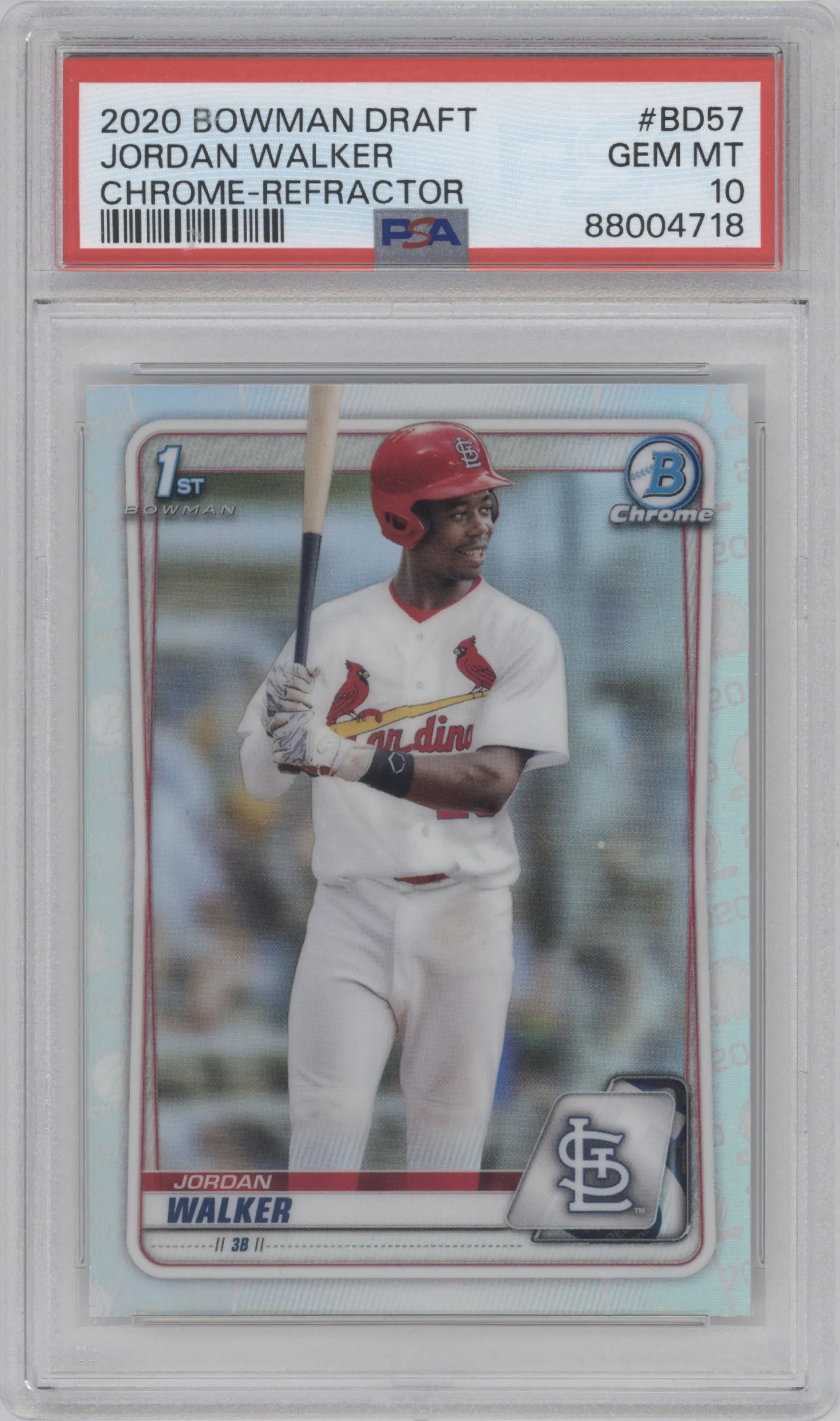 Jordan Walker from the 2020 Bowman Draft set featuring a Refractor parallel graded by PSA and given an overall grade of 10.
