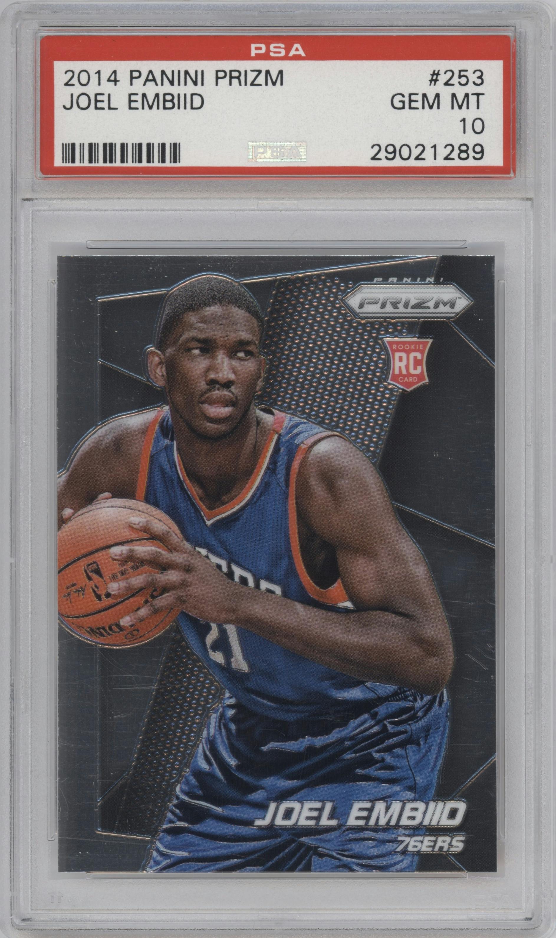 Joel Embiid from the 2014-15 Panini Prizm set graded by PSA and given an overall grade of 10.