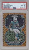 Jaylen Waddle from the 2021 Panini Prizm set featuring a Lazer parallel graded by PSA and given an overall grade of 10.