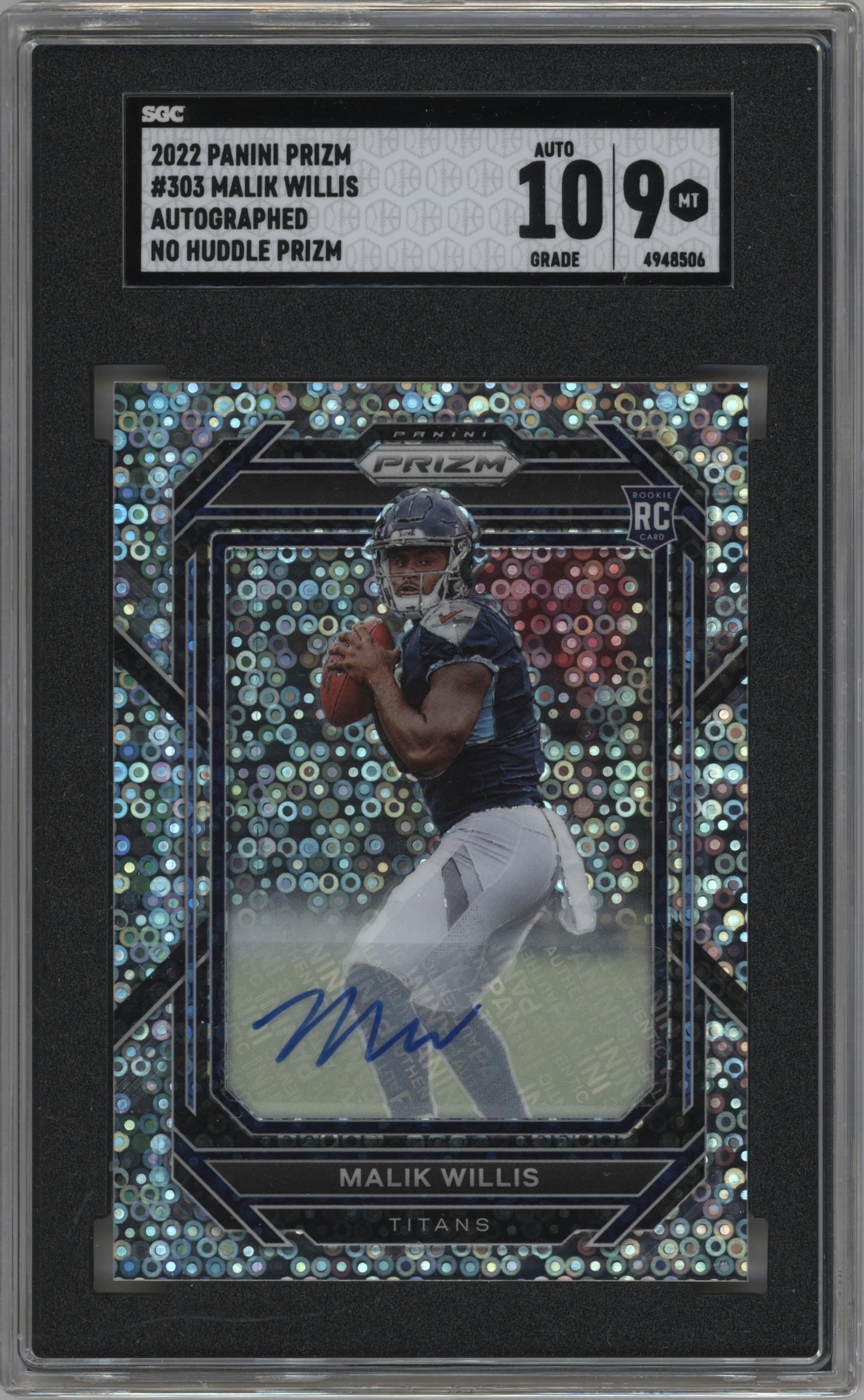 Malik Willis from the 2022 Panini Prizm set featuring a No Huddle parallel graded by SGC and given an overall grade of 9.