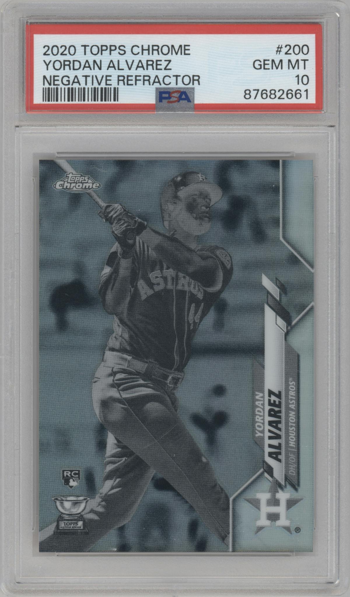 Yordan Alvarez from the 2020 Topps Chrome set featuring a Negative Refractor  parallel graded by PSA and given an overall grade of 10.