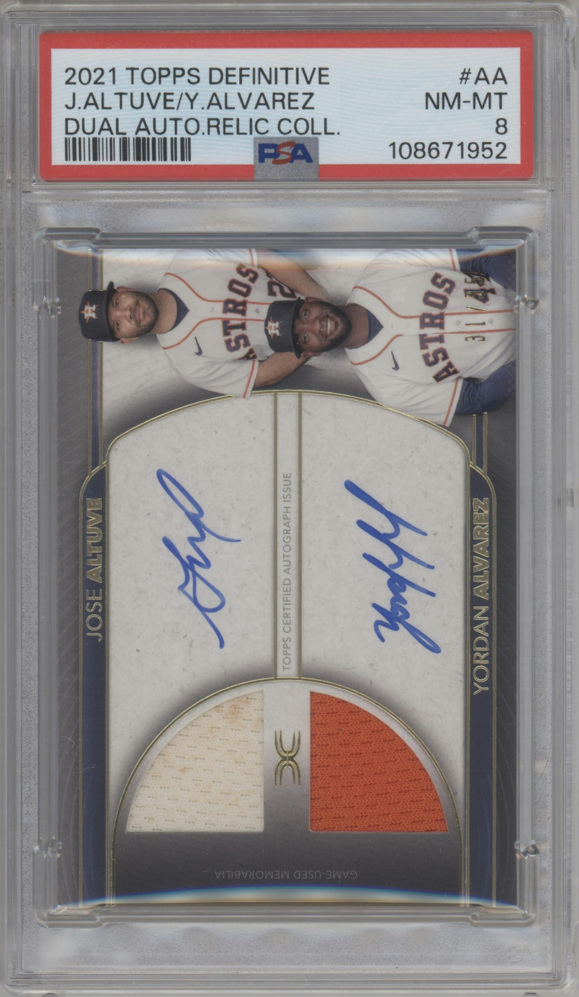 Yordan Alvarez/Jose Altuve from the 2021 Topps Definitive Collection set graded by PSA and given an overall grade of 8.