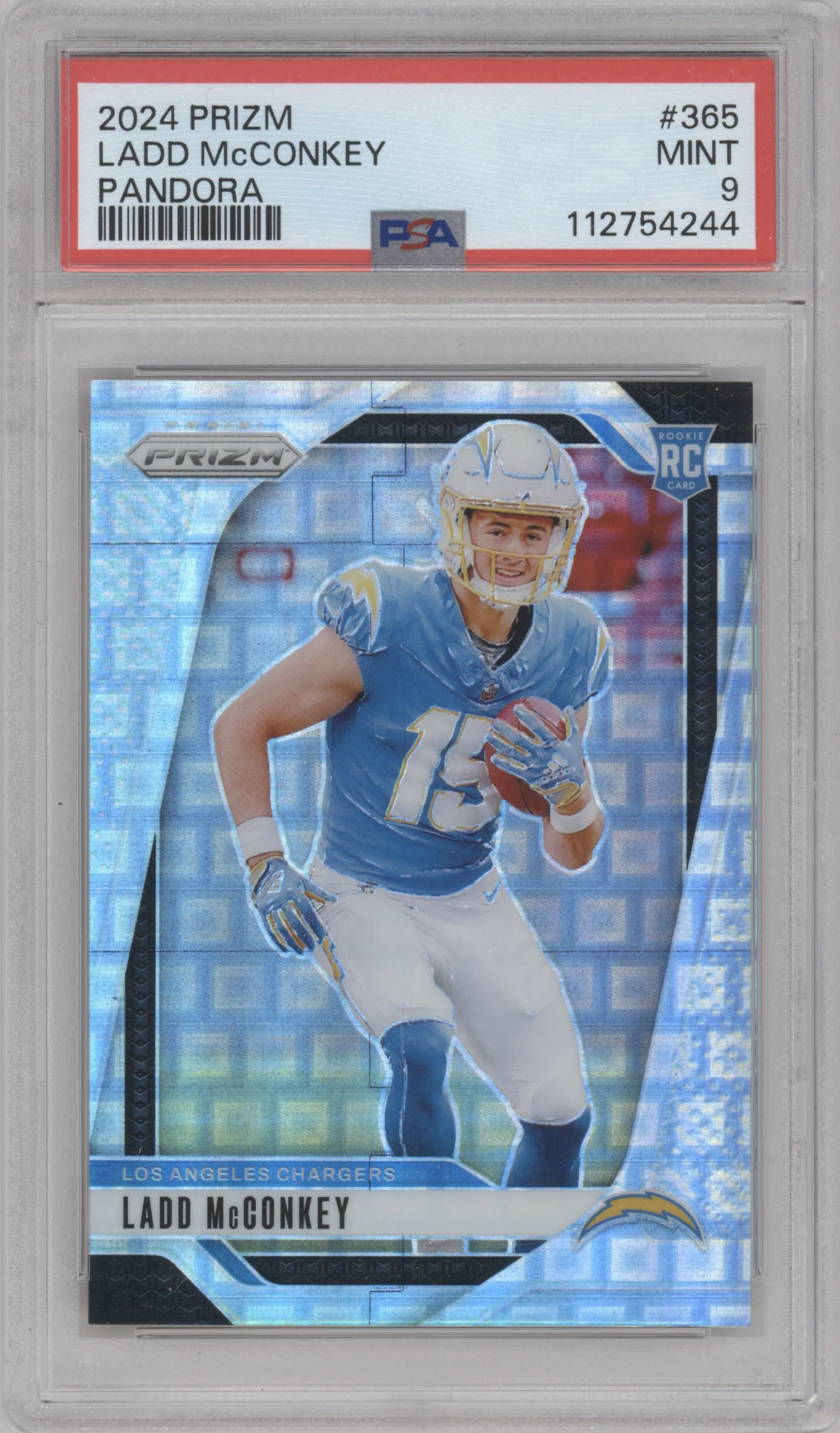 Ladd McConkey from the 2024 Panini Prizm set featuring a Pandora parallel graded by PSA and given an overall grade of 9.
