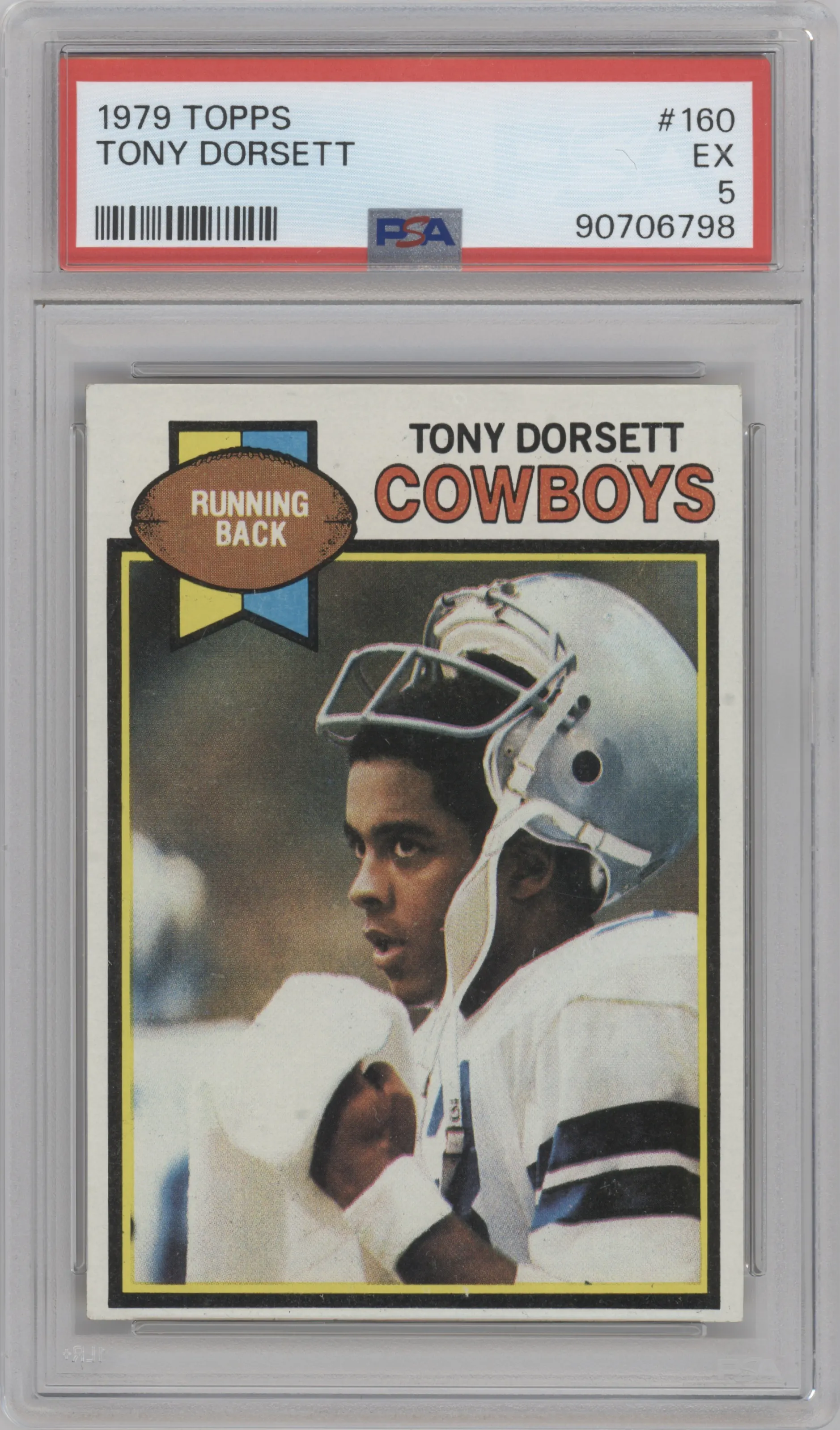 Tony Dorsett from the 1979 Topps set graded by PSA and given an overall grade of 5.