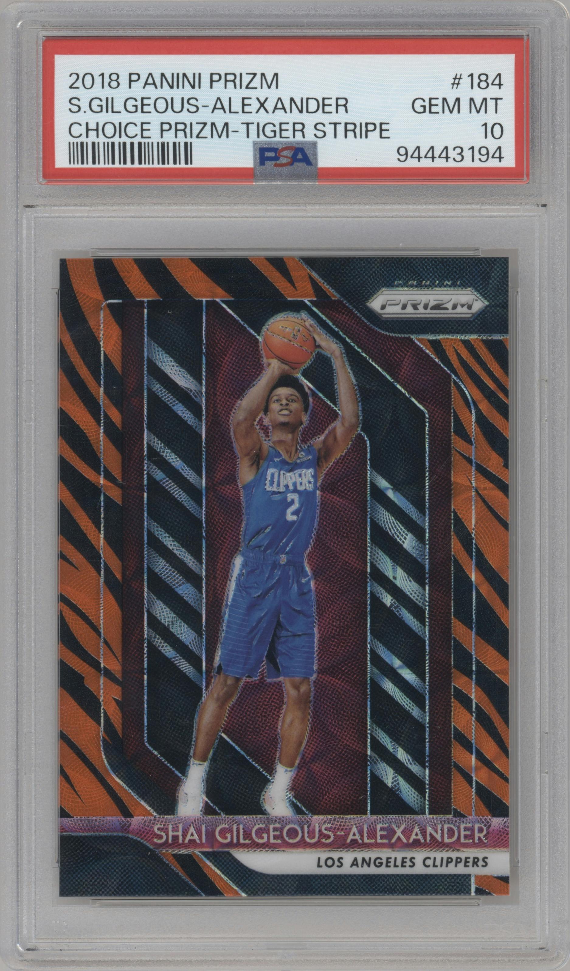 Shai Gilgeous-Alexander from the 2018-19 Panini Prizm set featuring a Choice Tiger Stripe parallel graded by PSA and given an overall grade of 10.