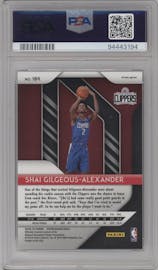 Shai Gilgeous-Alexander from the 2018-19 Panini Prizm set featuring a Choice Tiger Stripe parallel graded by PSA and given an overall grade of 10.