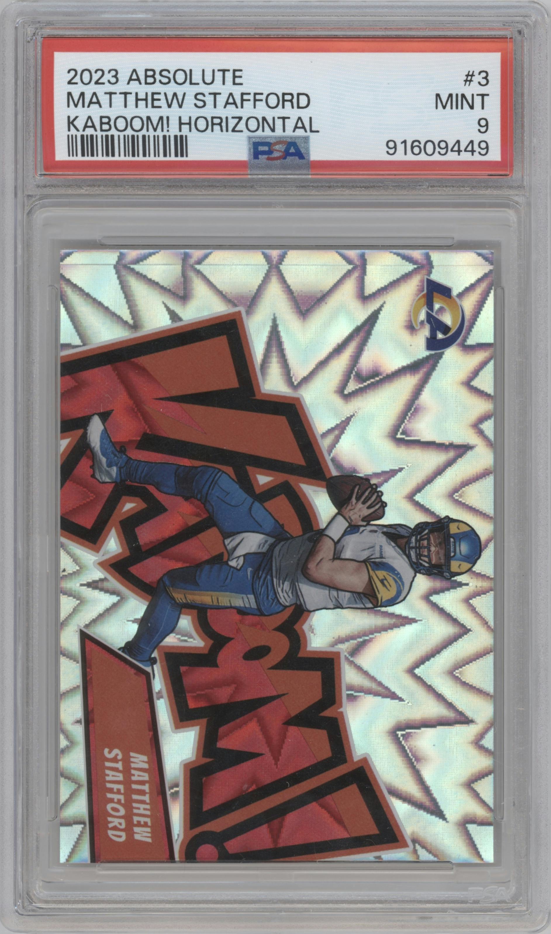 Matthew Stafford from the 2023 Panini Absolute set graded by PSA and given an overall grade of 9.