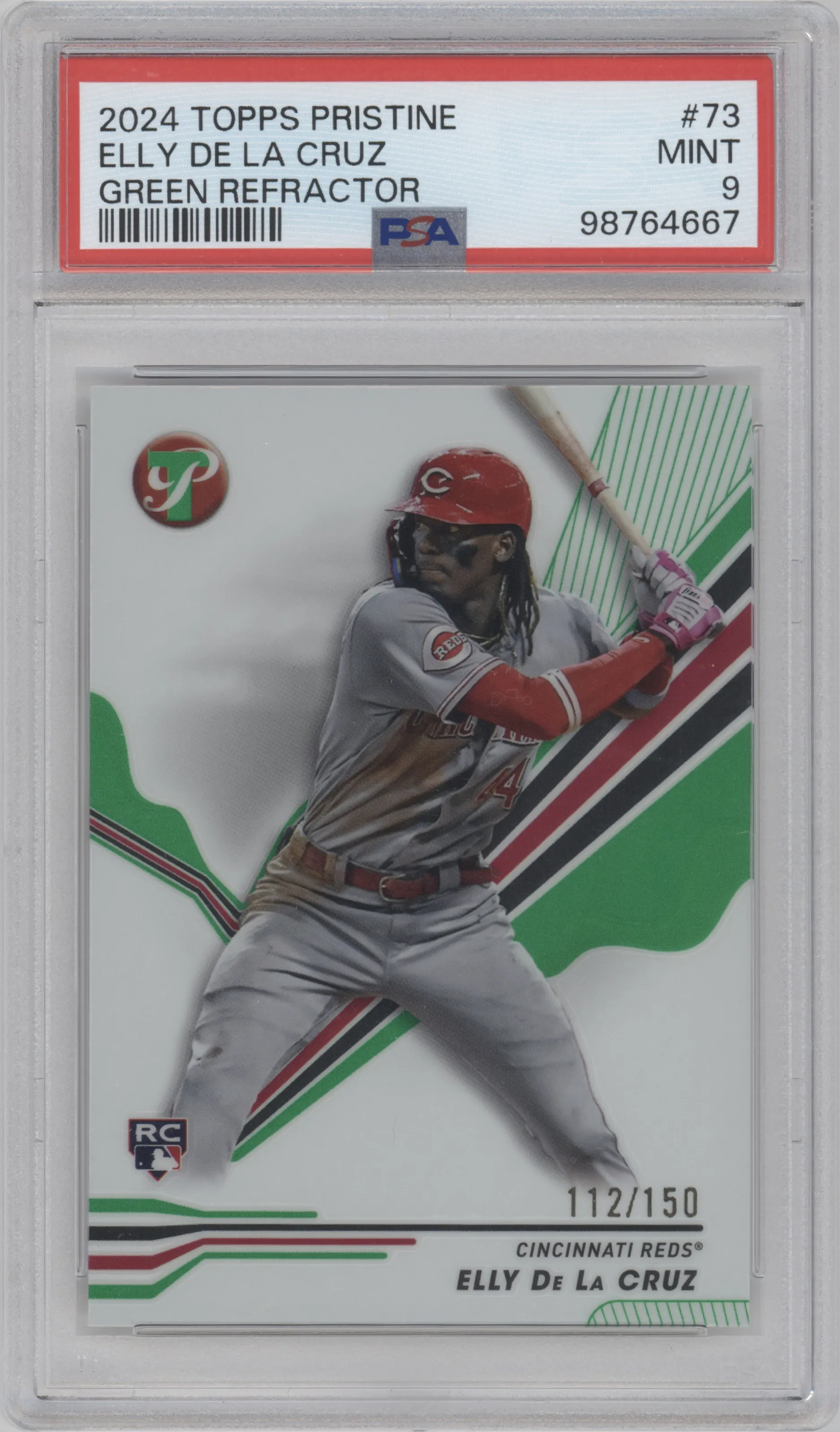 Elly De La Cruz from the 2024 Topps Pristine set featuring a Green Refractor parallel graded by PSA and given an overall grade of 9.