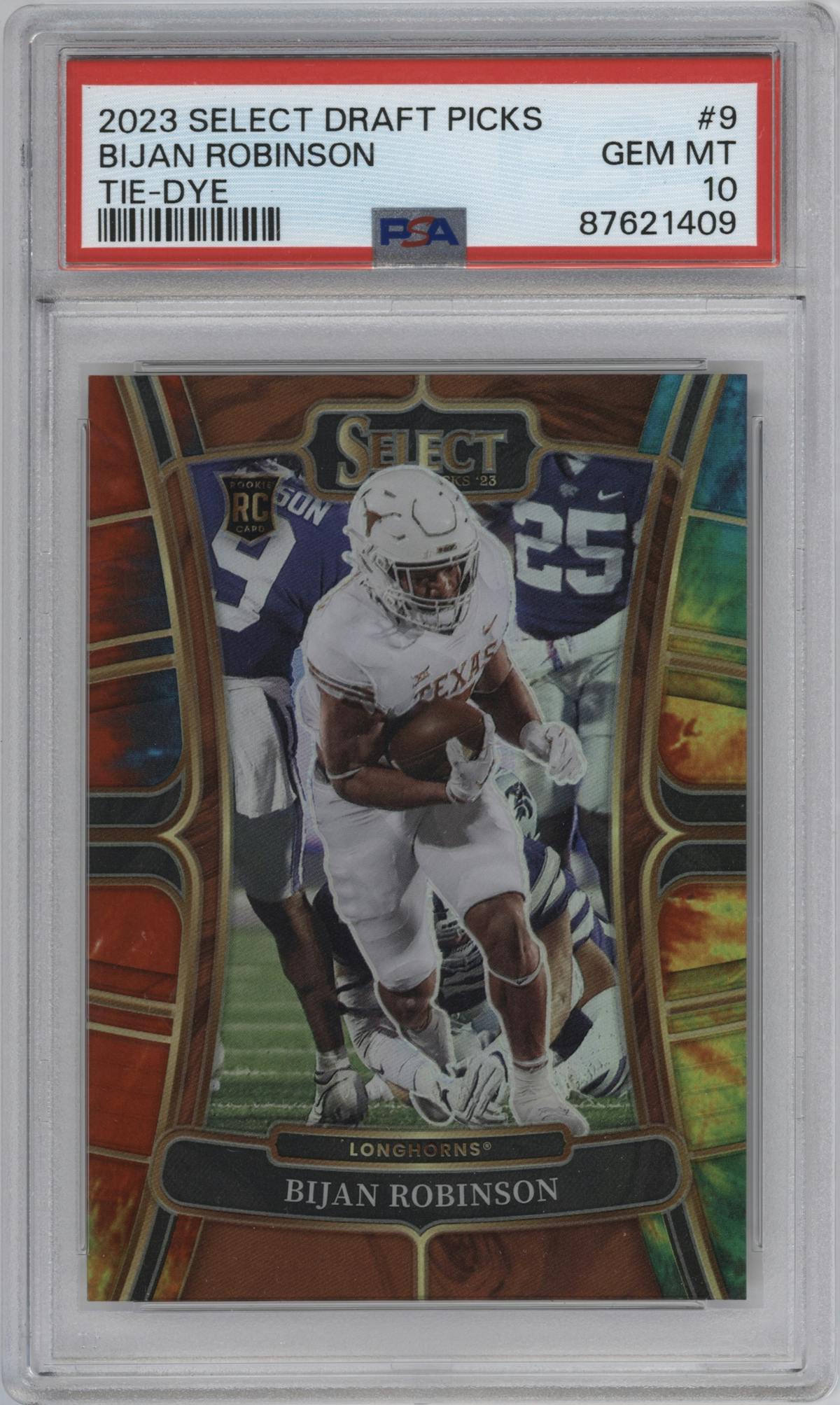 Bijan Robinson from the 2023 Panini Select Draft Picks set featuring a Tie-Dye parallel graded by PSA and given an overall grade of 10.