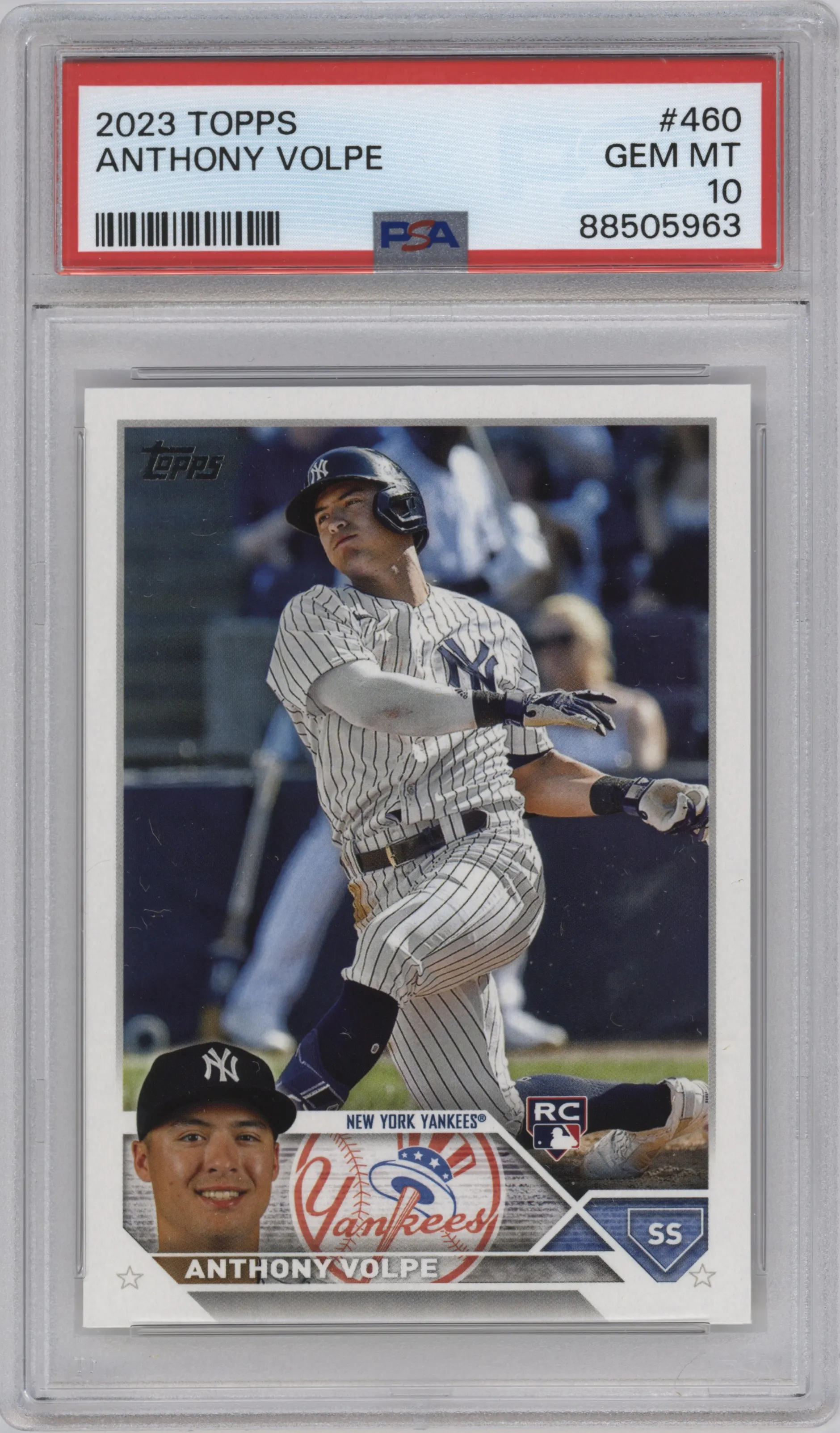 Anthony Volpe from the 2023 Topps Series 2 set graded by PSA and given an overall grade of 10.