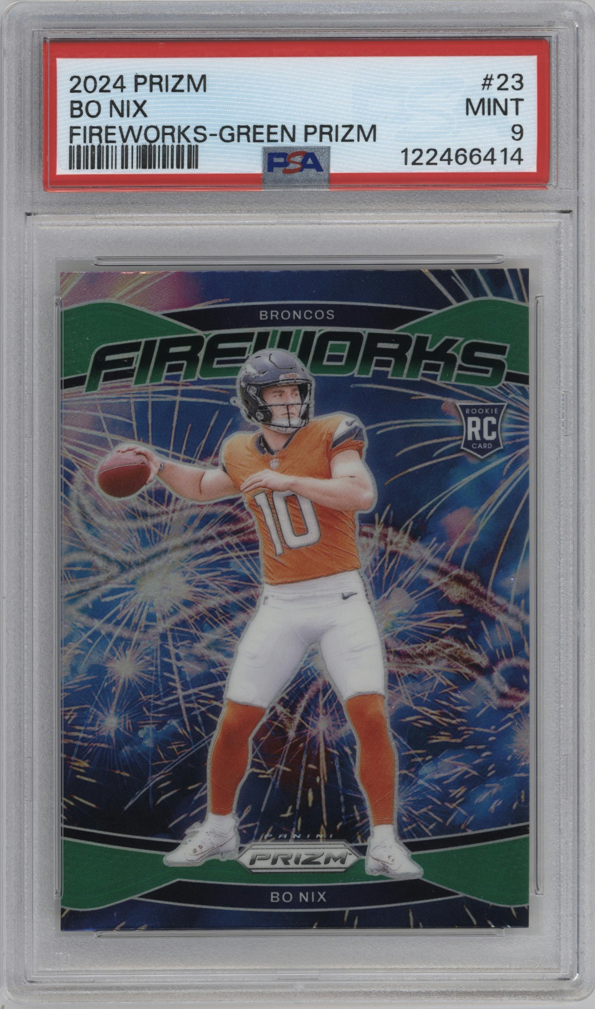 Bo Nix from the 2024 Panini Prizm set featuring a Green Prizm parallel graded by PSA and given an overall grade of 9.