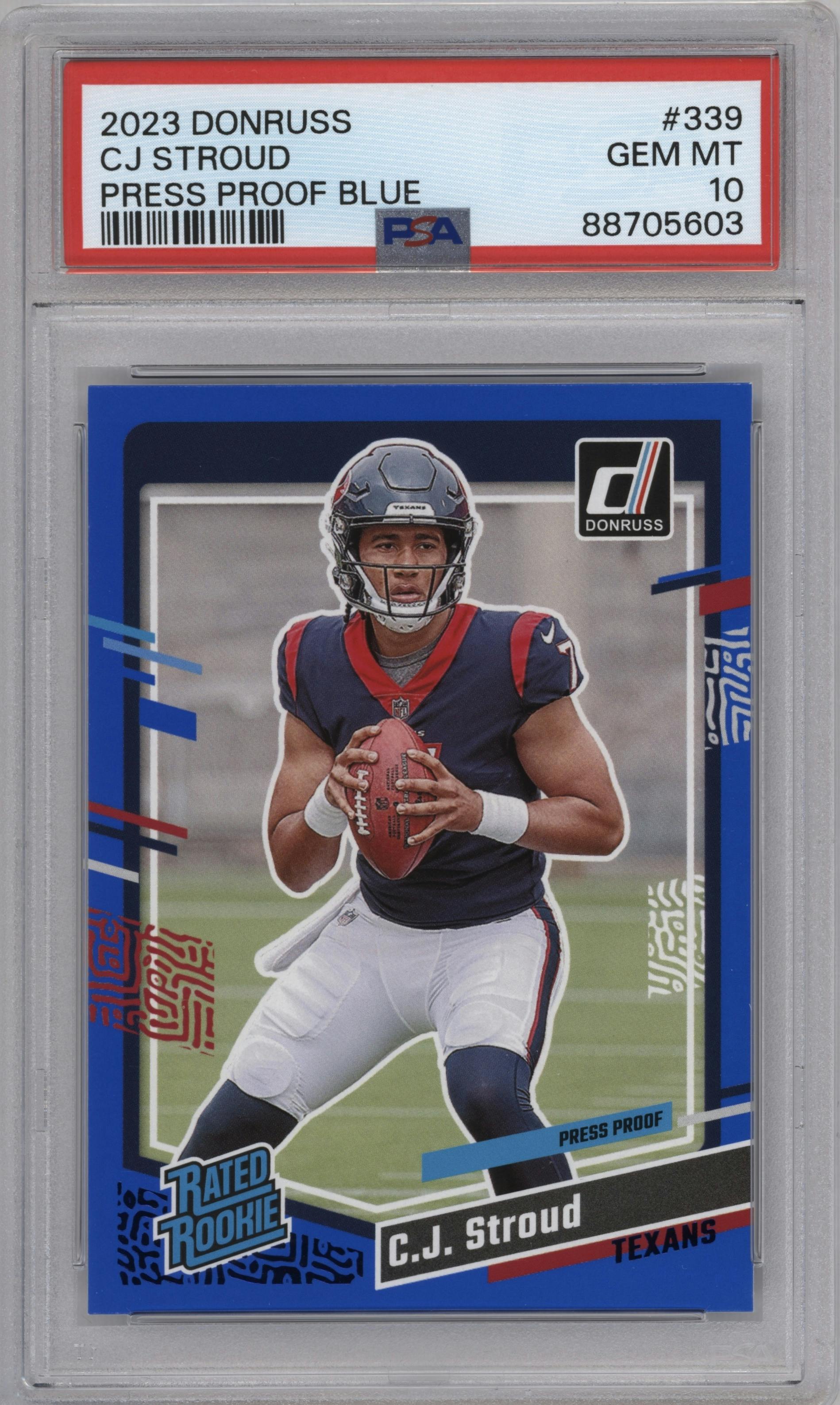 C.J. Stroud from the 2023 Panini Donruss set featuring a Press Proof Blue parallel graded by PSA and given an overall grade of 10.