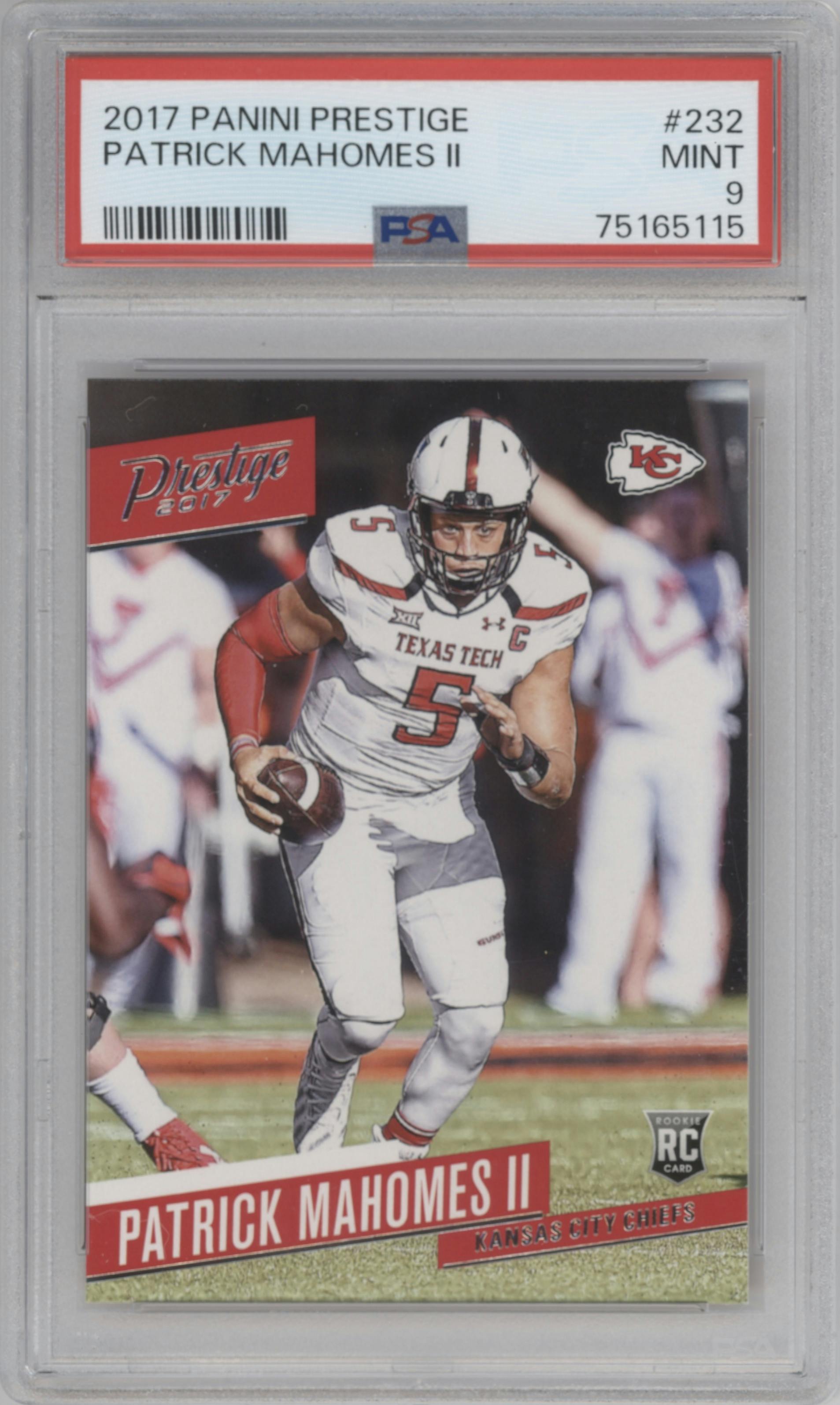 Patrick Mahomes II from the 2017 Panini Prestige set graded by PSA and given an overall grade of 9.