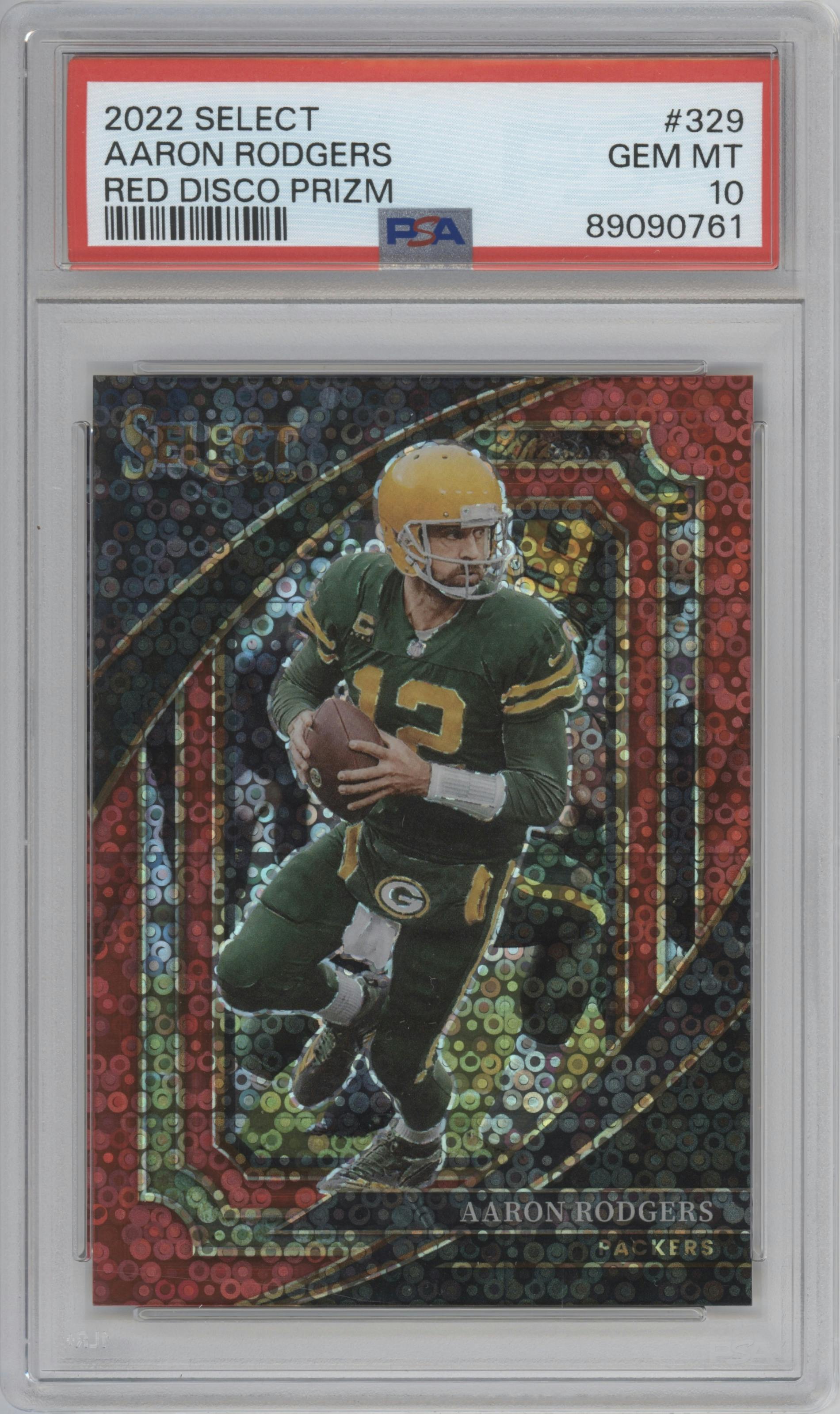 Aaron Rodgers from the 2022 Panini Select set featuring a Red Disco parallel graded by PSA and given an overall grade of 10.