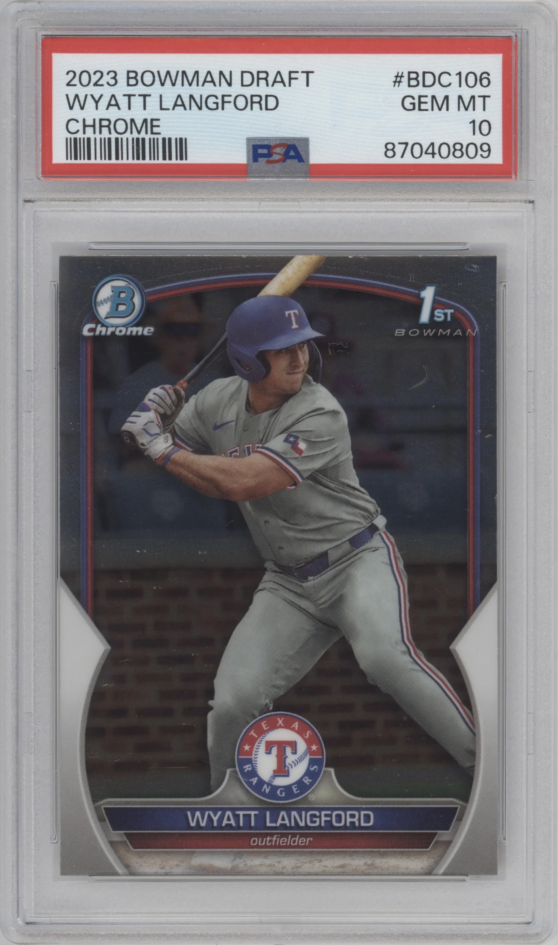 Wyatt Langford from the 2023 Bowman Draft set graded by PSA and given an overall grade of 10.