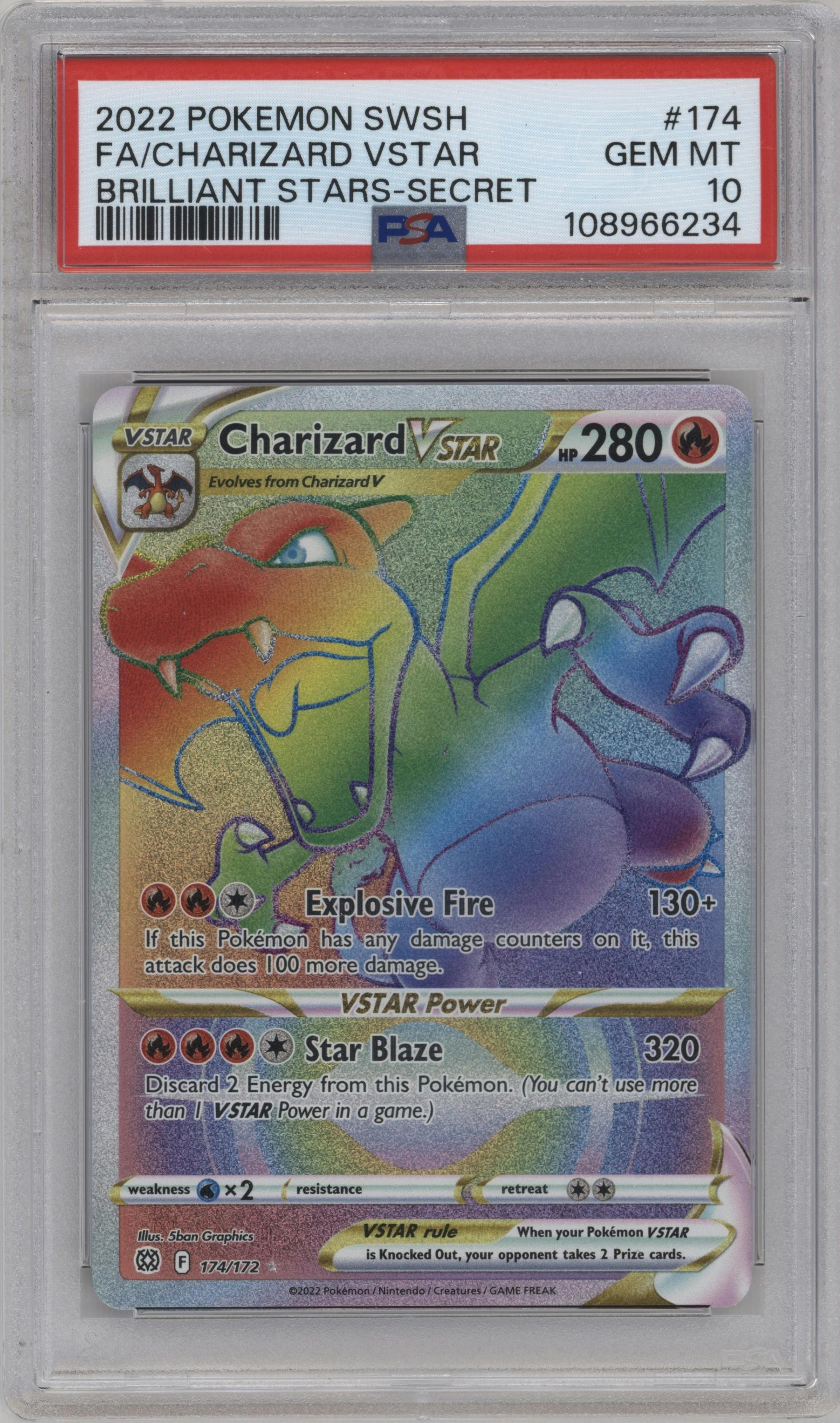 Charizard VSTAR from the 2022 Pokemon SWSH set graded by PSA and given an overall grade of 10.