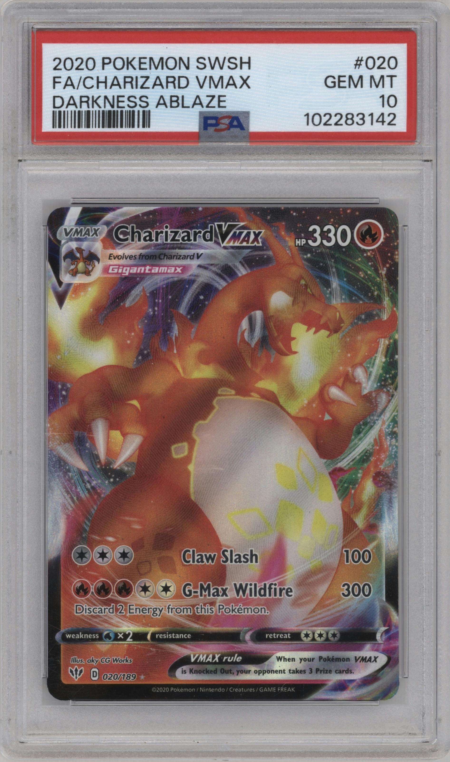 Charizard VMAX from the 2020 Pokemon SWSH set graded by PSA and given an overall grade of 10.