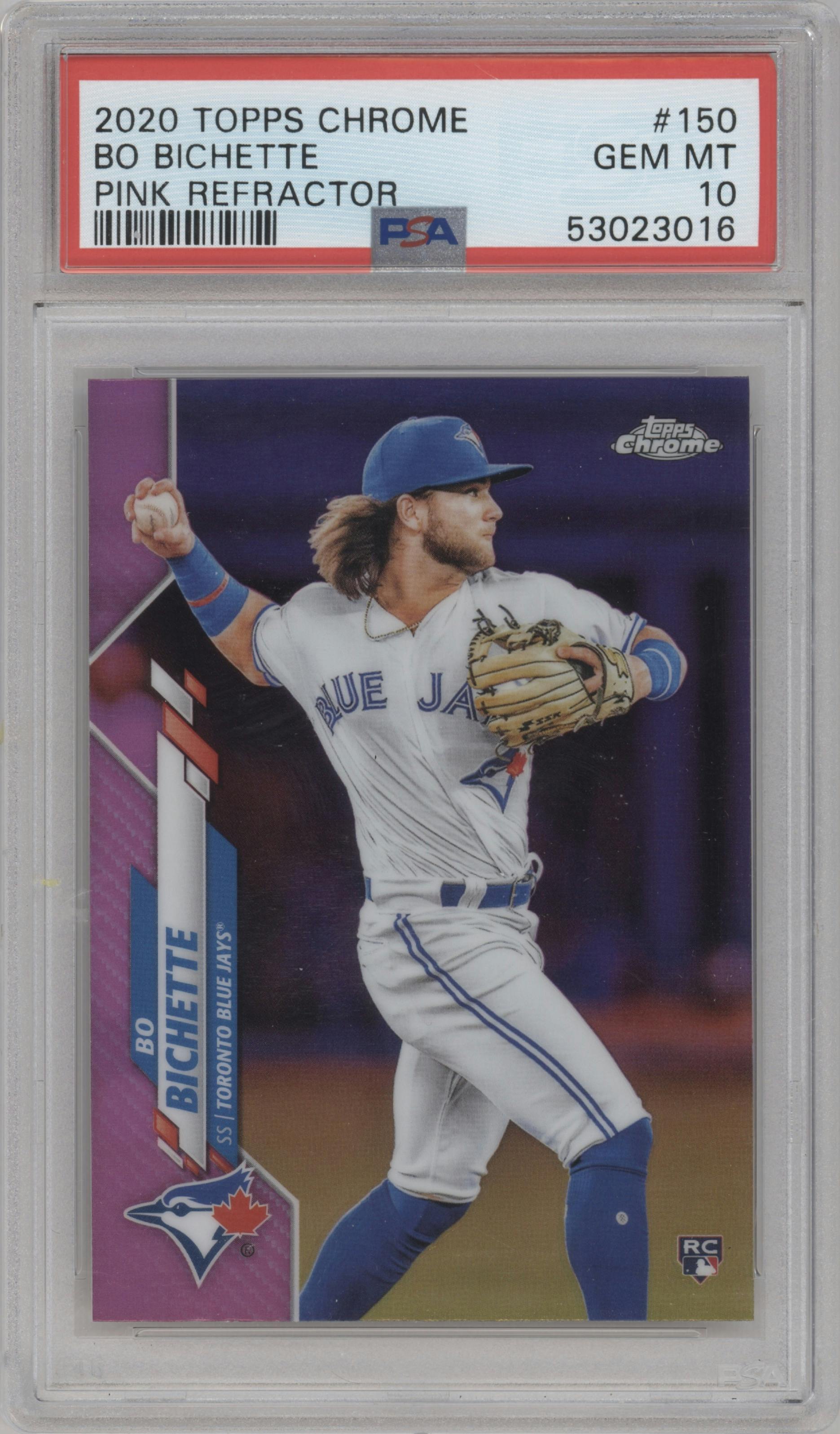 Bo Bichette from the 2020 Topps Chrome set featuring a Pink Refractor parallel graded by PSA and given an overall grade of 10.